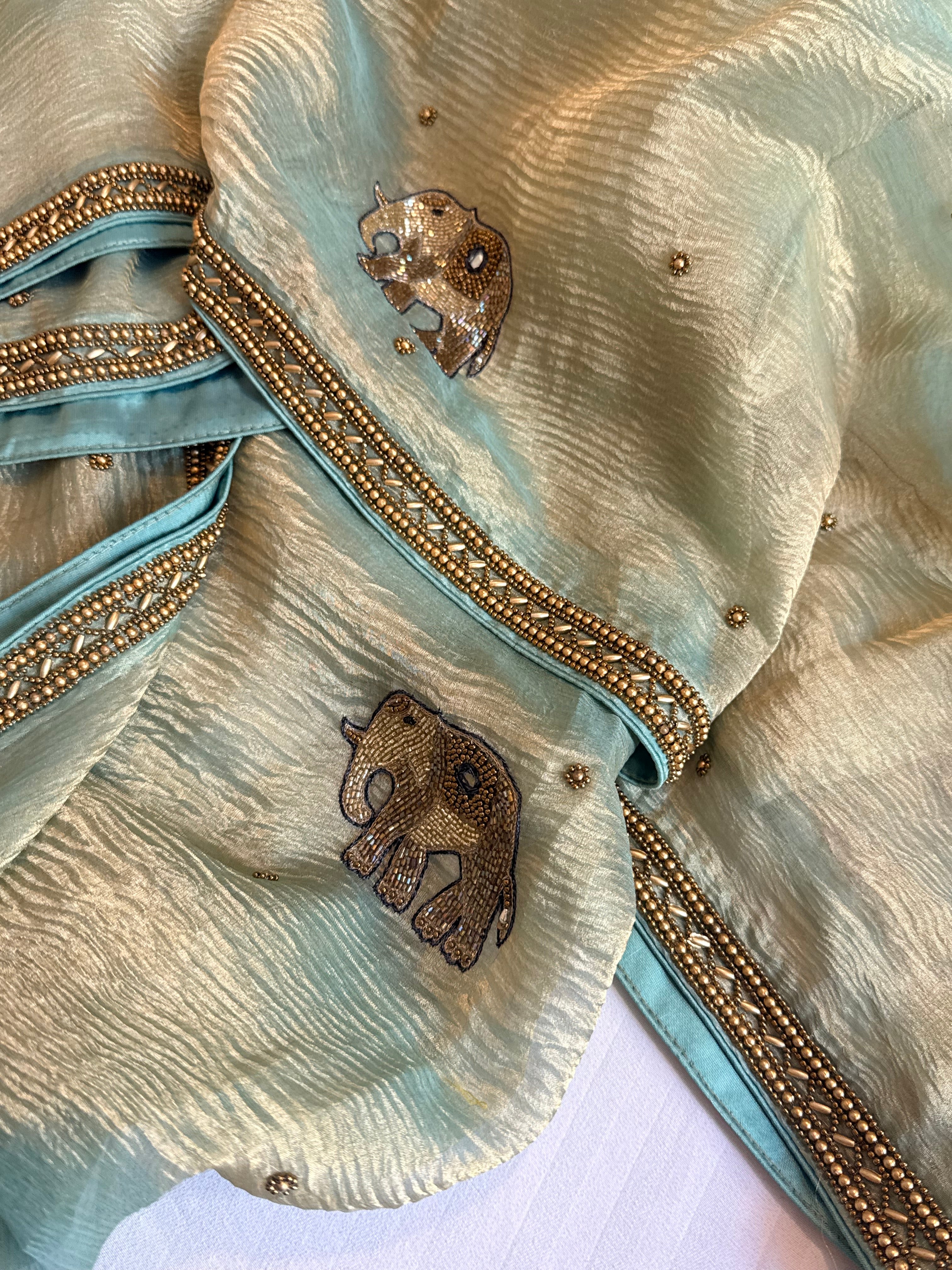 Mirrorwork edit gajri pink crushed tissue silk hand embroidered saree