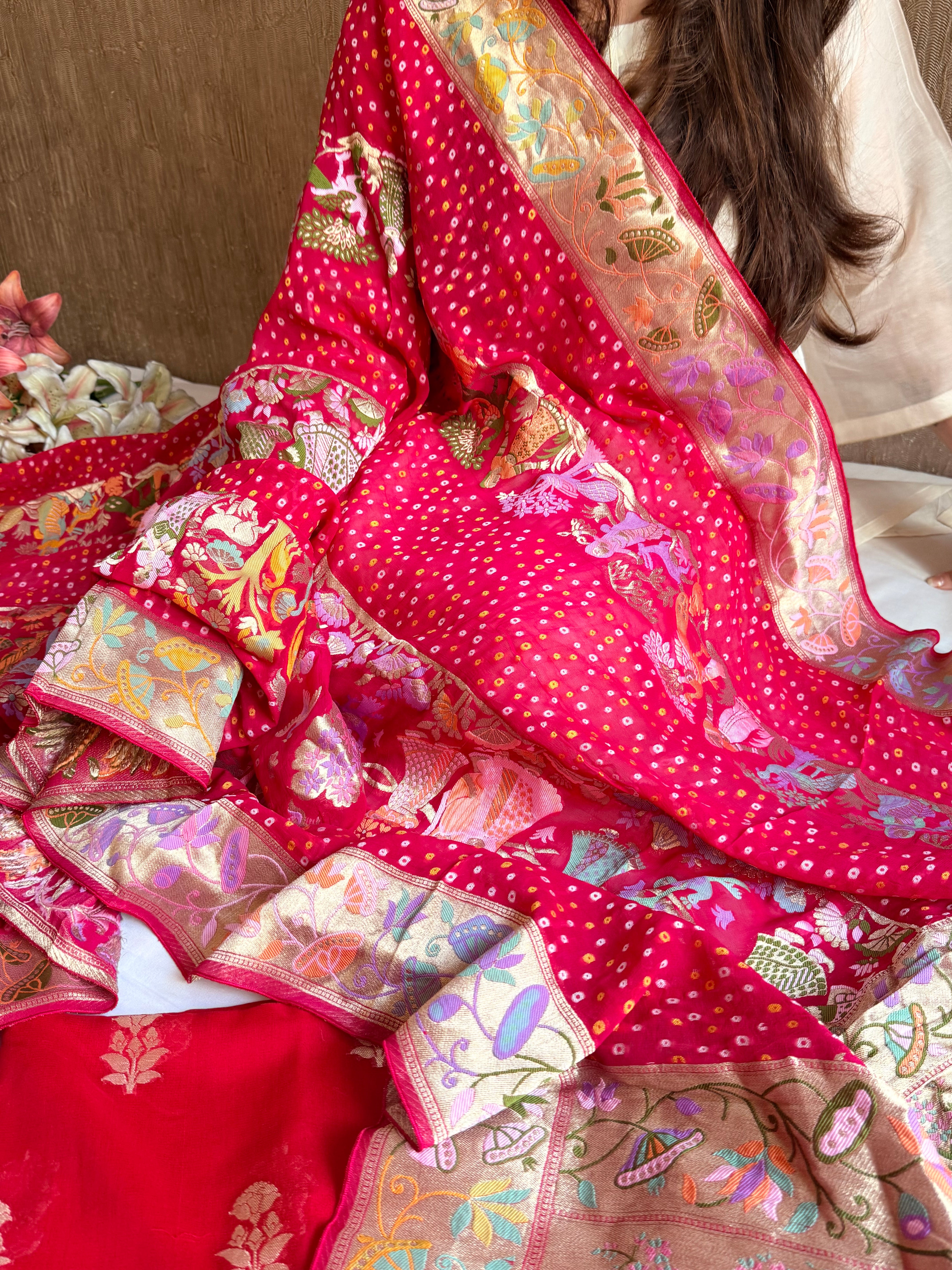 Banarasi rai bandhej radha krishna weaving gorgette kadhwa suit set