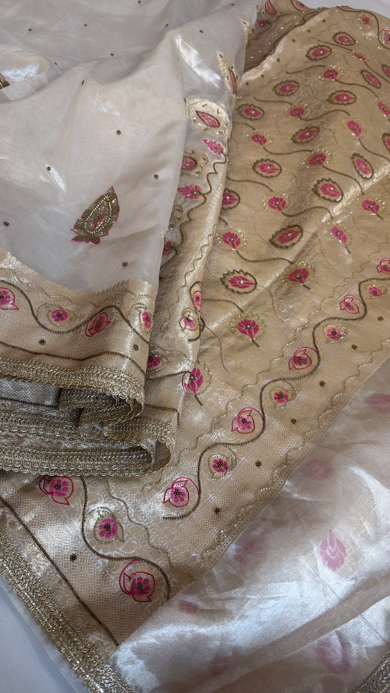 Moonlight silver diamond tissue silk kadhwa meenakari hand embroidered saree