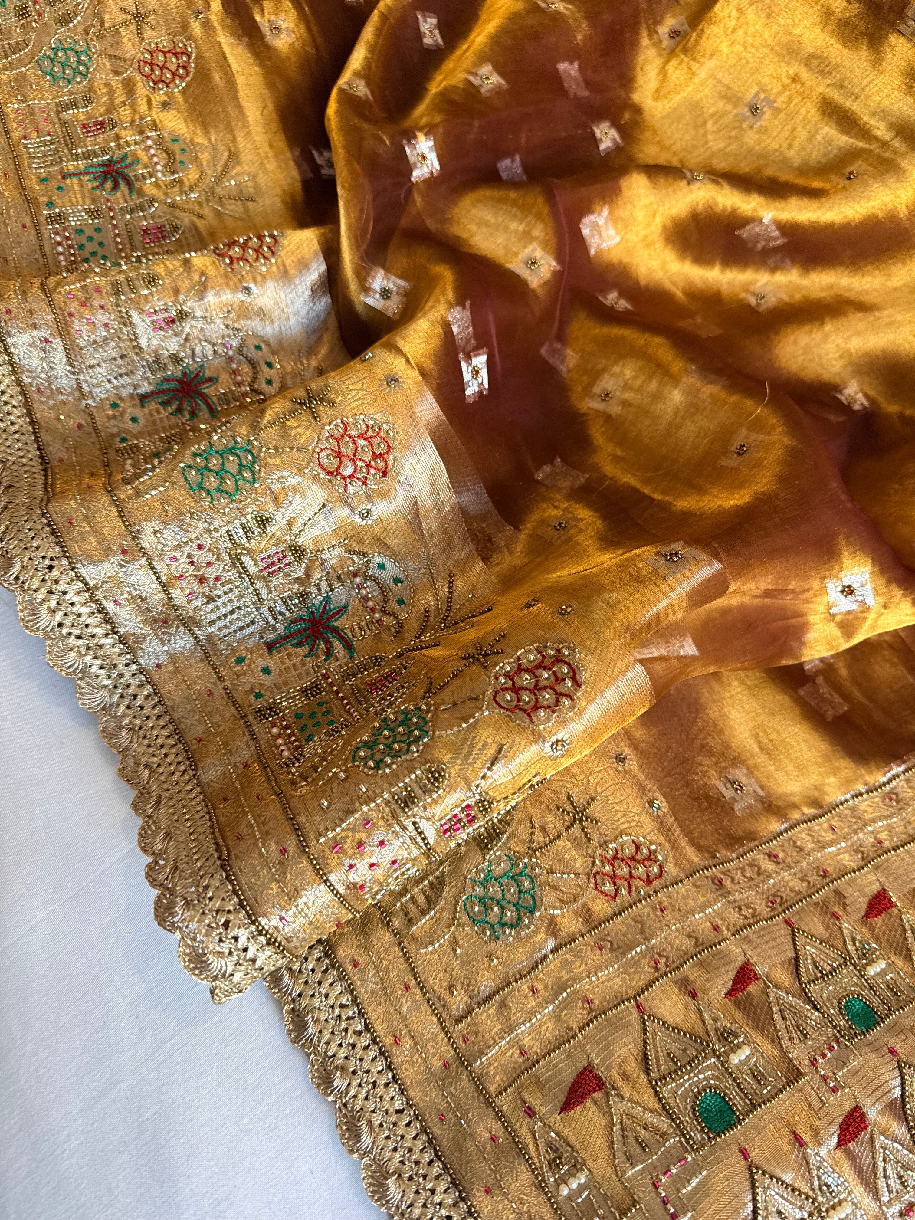 Ganga-darshan edit - Tissue silk kanjivaram bronze gold hand embroidered kadhwa saree