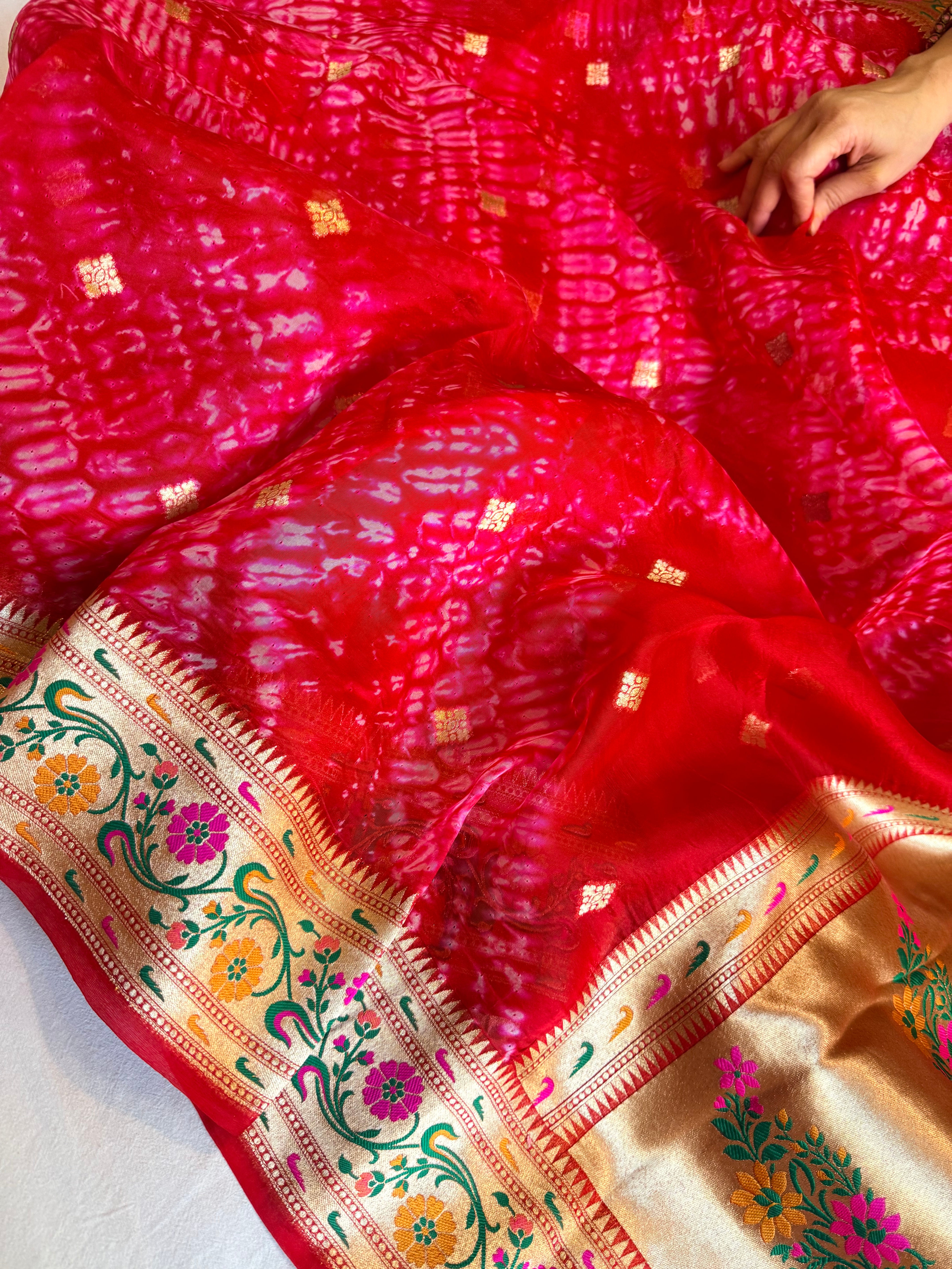 Cranberry Kora silk paithani meenakari arshi dye kadhwa saree