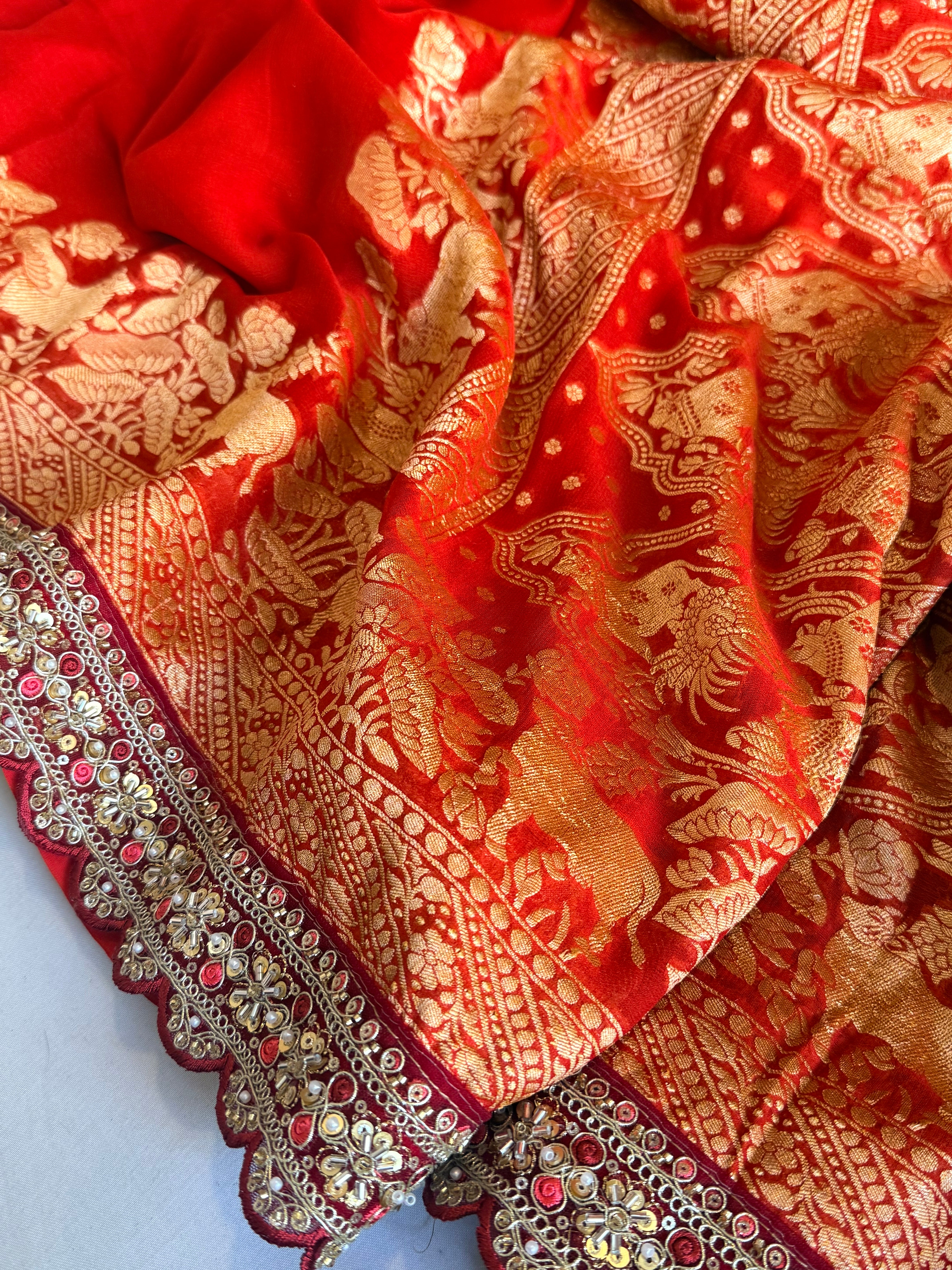 Vermilion red shikargah kadhwa border chiffon gorgette banarasi saree