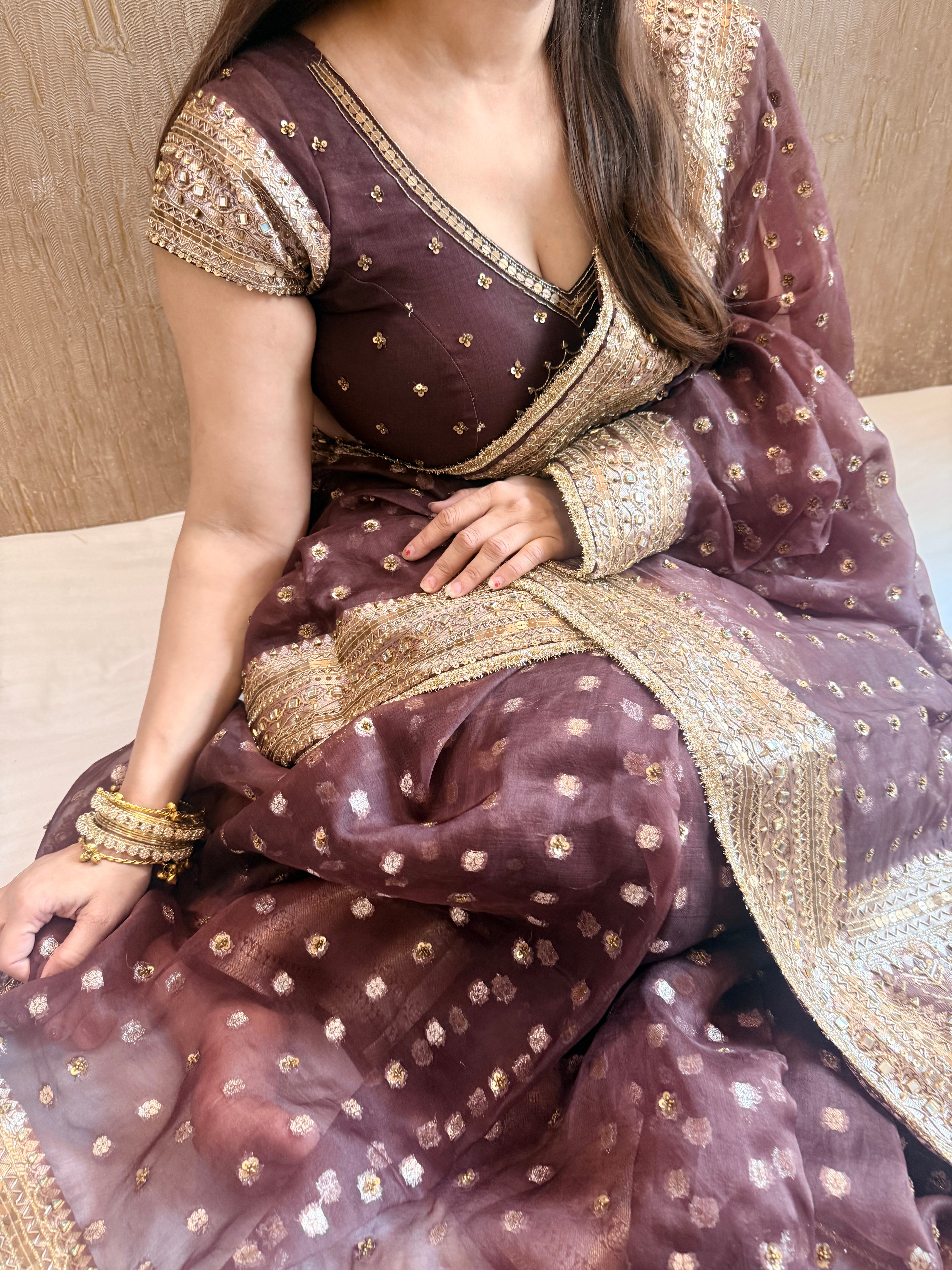 Coffee brown kora silk bollywood inspired antique work hand embroidered saree ( Blouse stitched size M-L )