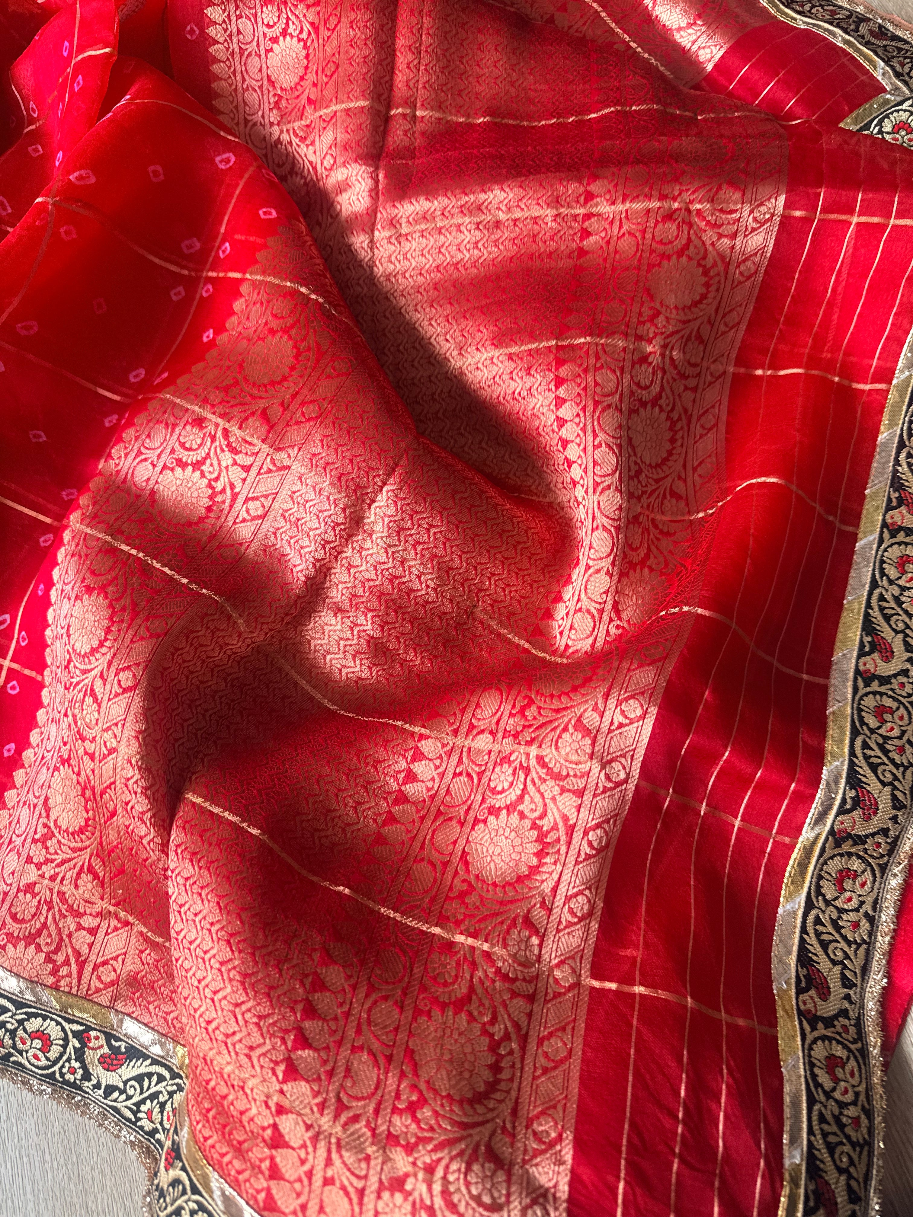 Kora bandhej edit - Chilly red kora silk kadhwa buti hand embroidered saree