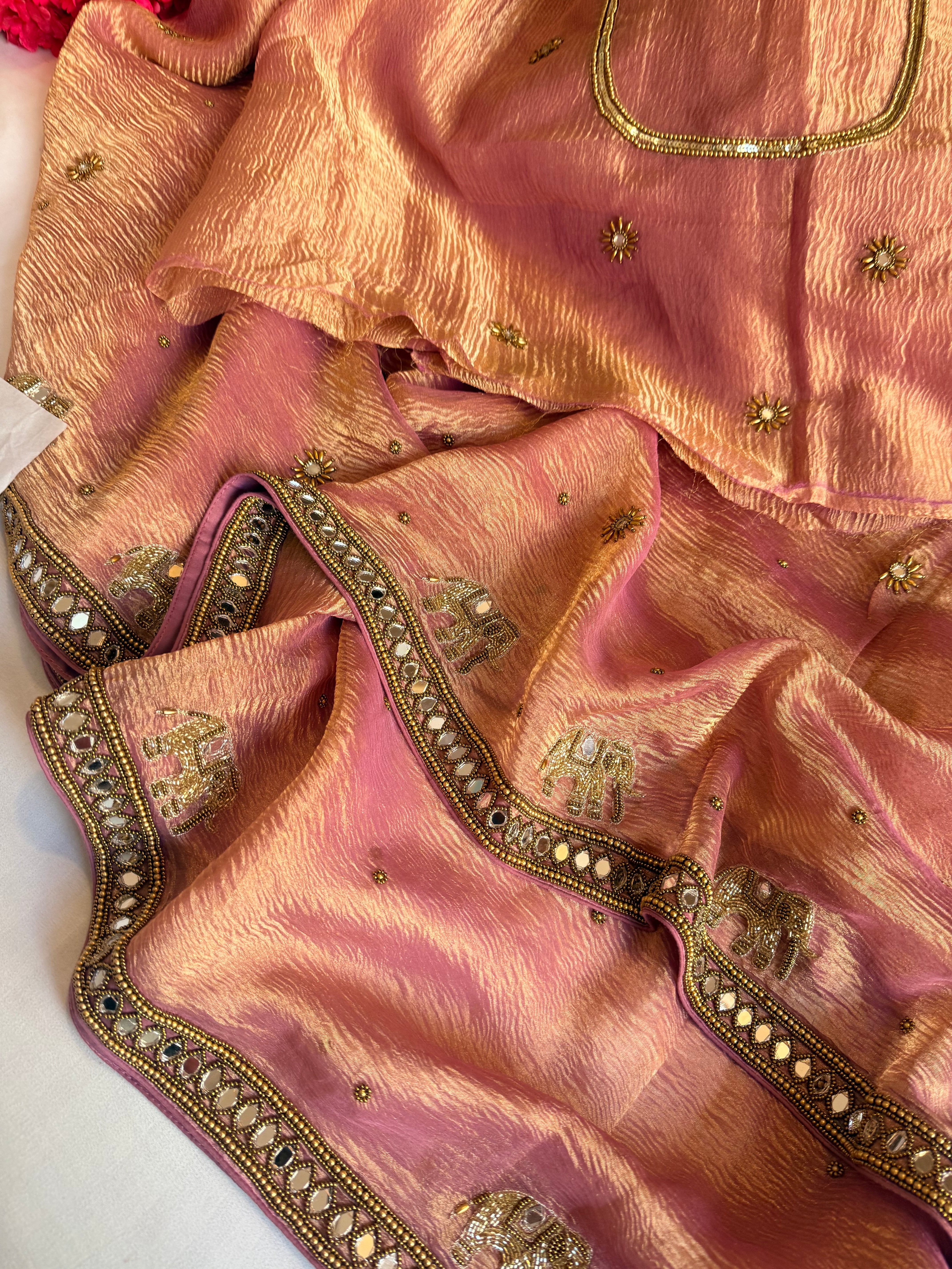 Mirrorwork edit blush pink crushed tissue silk hand embroidered saree