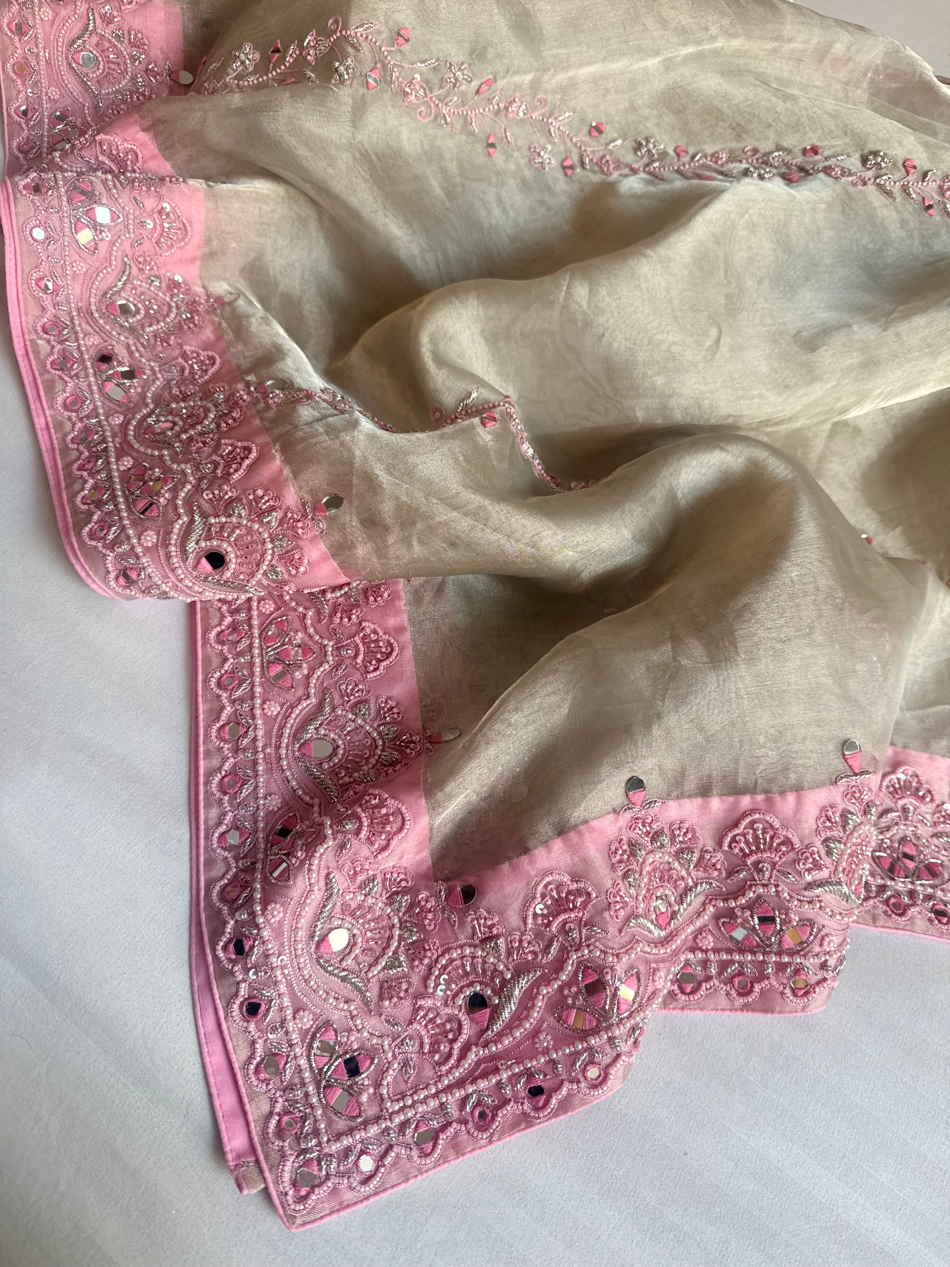 Silsila edit pink hand embroidered gulabi diamond tissue saree