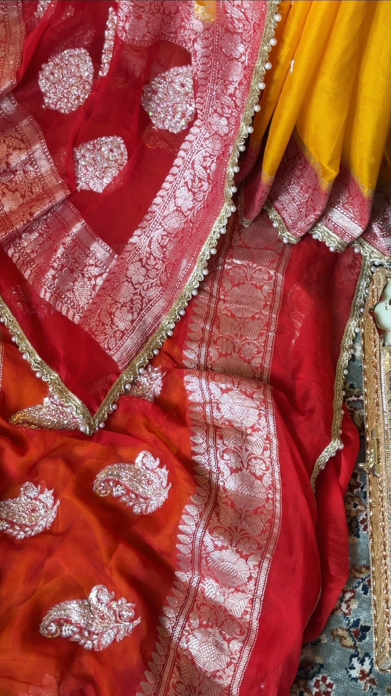 Poonam inspired muhdikhai wali chiffon gorgette banarasi hand embroidered saree