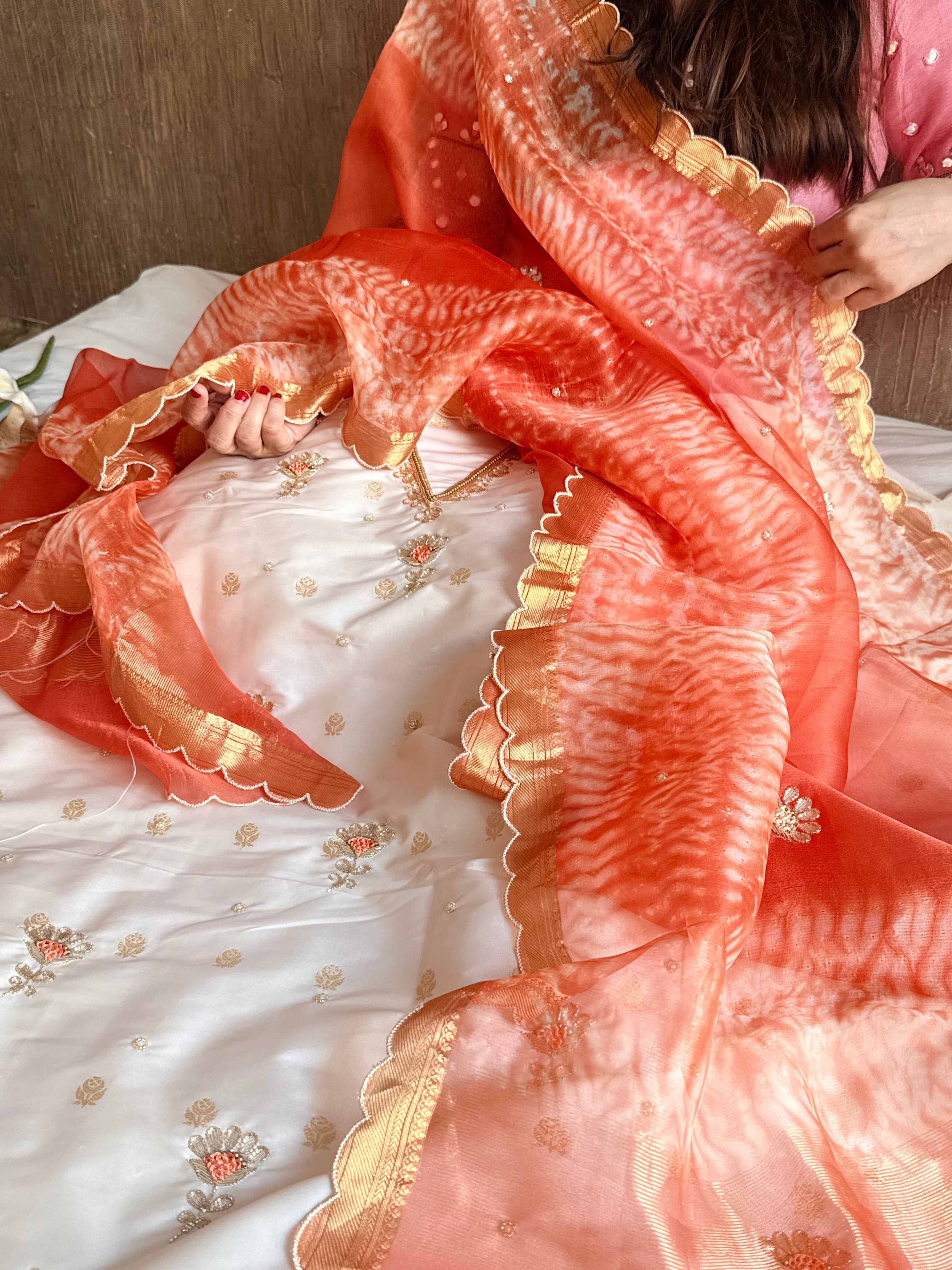 Shibori edit - Katan silk kadhwa kurta paired with hand embroidered kora shibori duppata