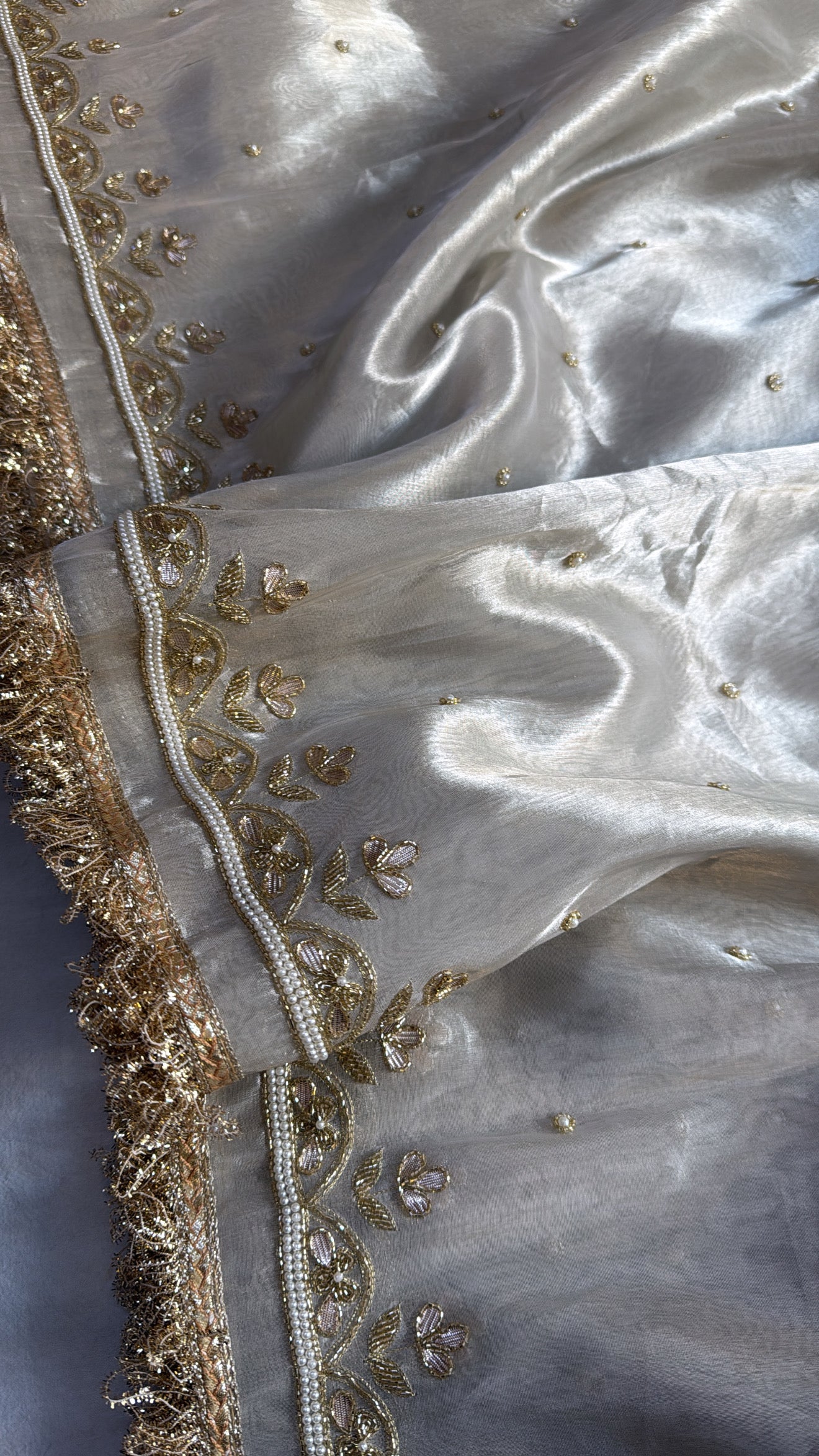 “Tara sutaria” tissue diamond tanchoi silk hand embroidered uljhi gotapatti saree