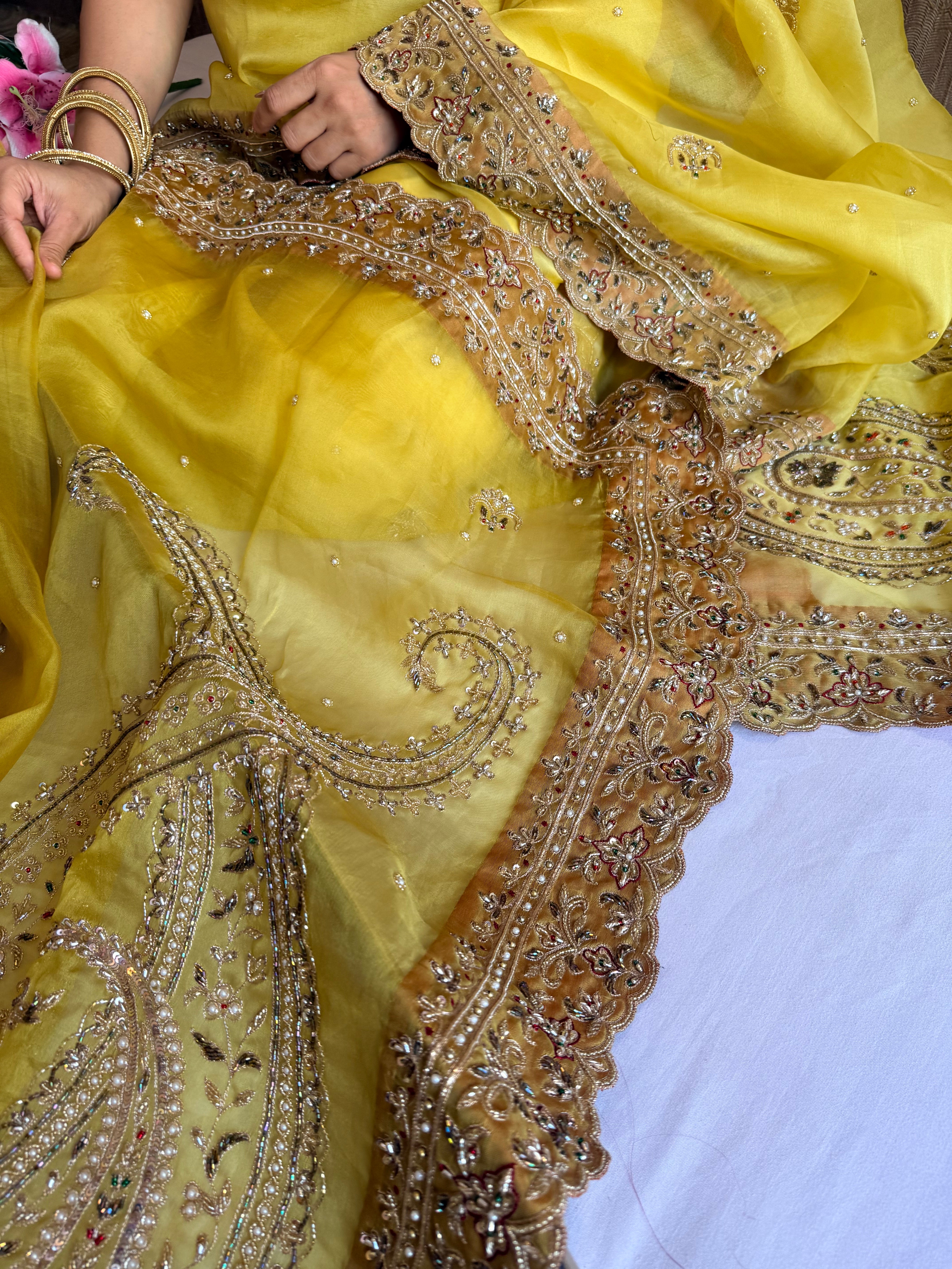 Mummy ki purani wali saree edit - Pineapple yellow kora silk kadhwa hand embroidered saree