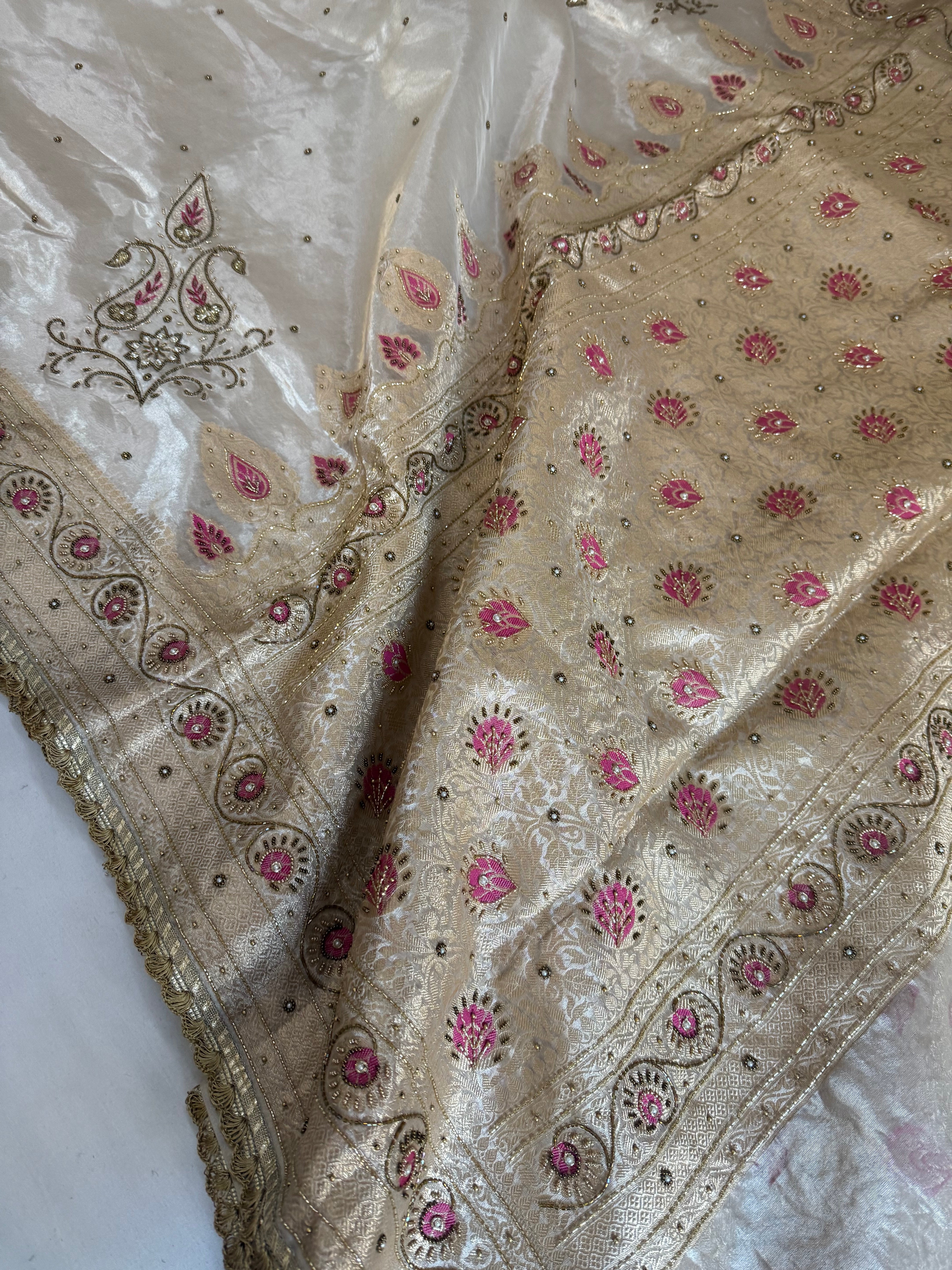 Moonlight silver diamond tissue silk pink meenakari hand embroidered kadhwa saree