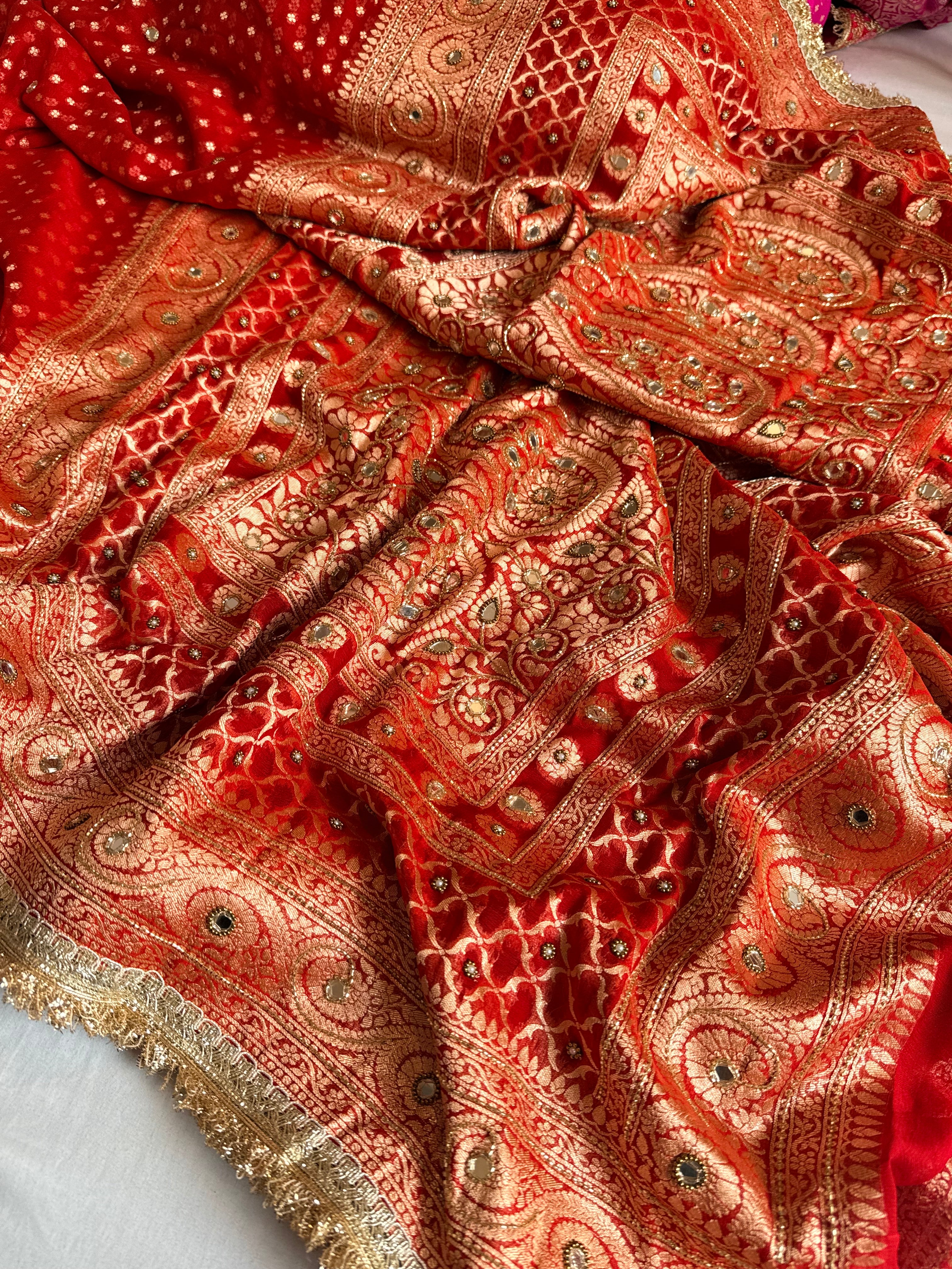 Bridal red chiffon gorgette kohniya buti hand embroidered saree