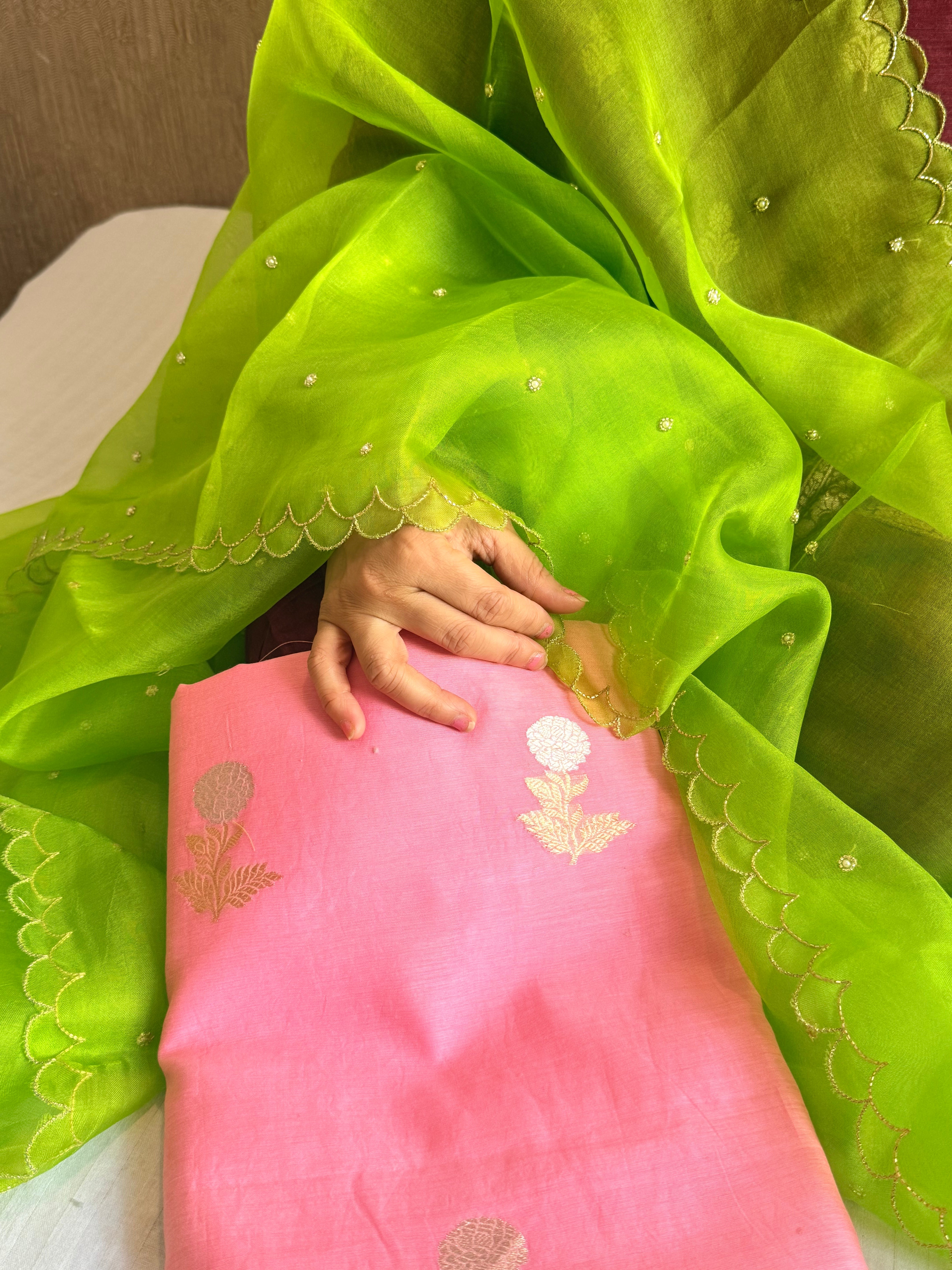 Handloom cotton sona rupa kurta paired with kora silk scalloped duppata set