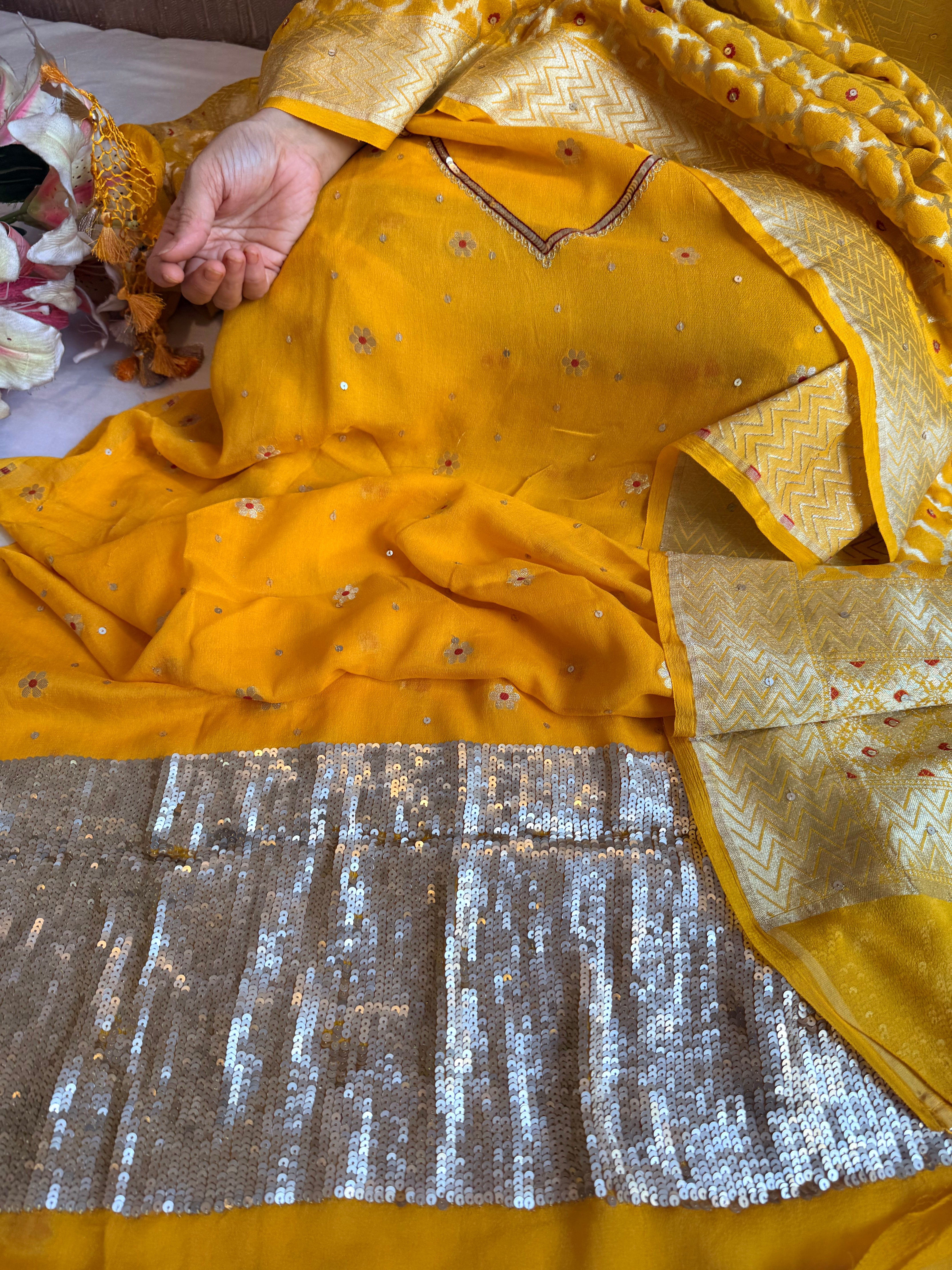 Haldi yellow salma sitara chiffon gorgette hand embroidered suit set