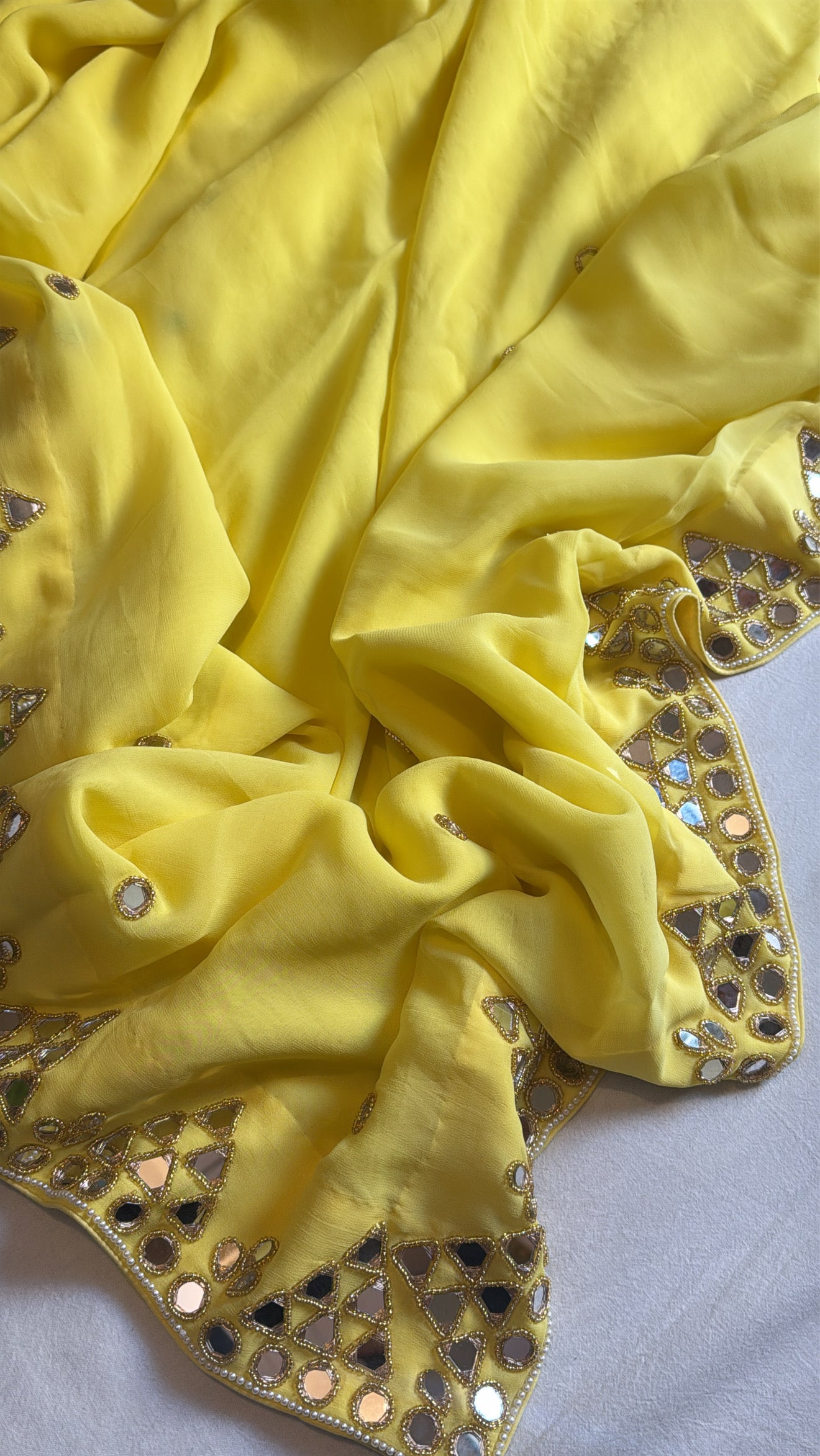 Mother’s Day offer - Lime yellow chiffon gorgette mirrorwork hand embroidered sarees