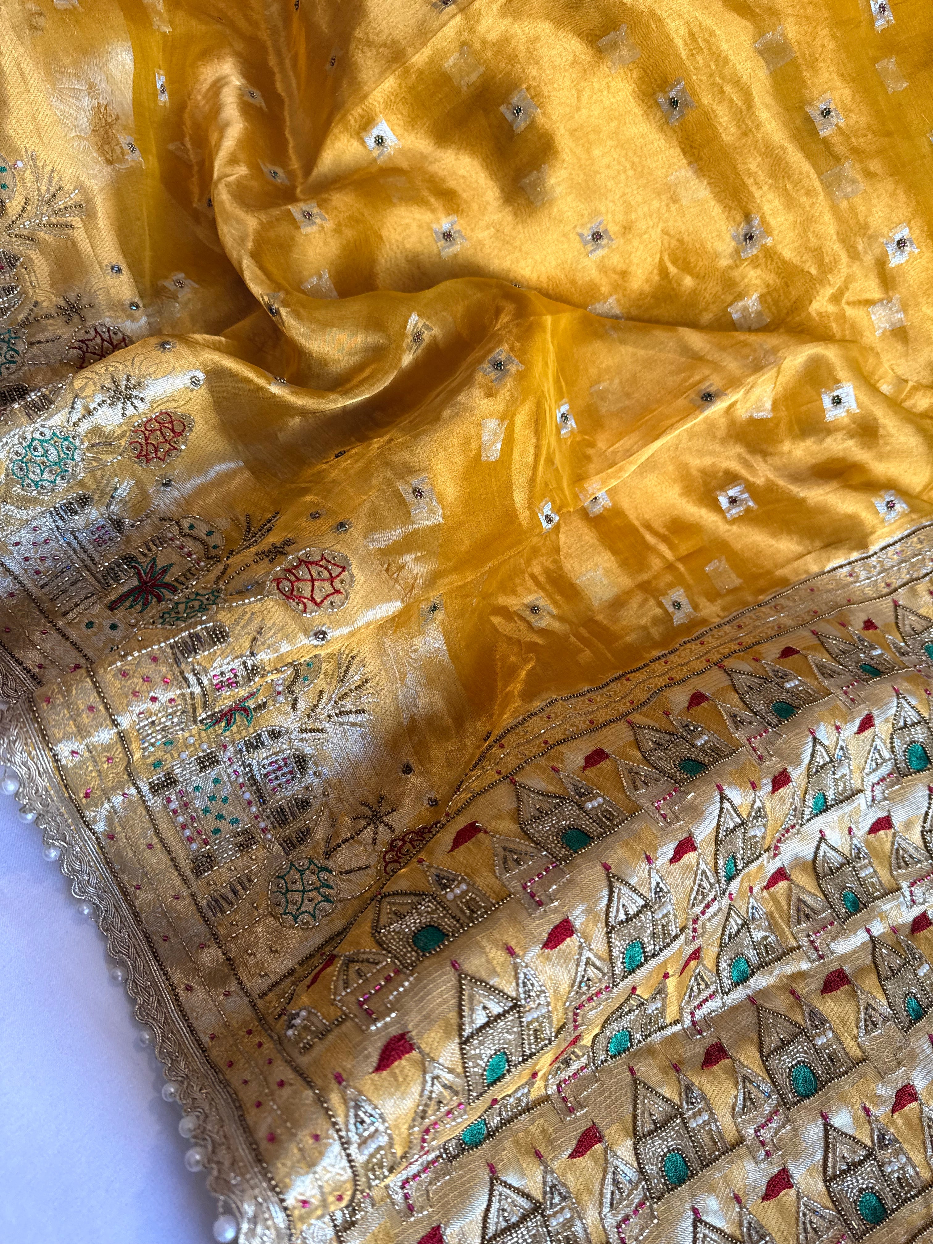 Ganga-darshan edit - Tissue silk kanjivaram yellow hand embroidered kadhwa saree