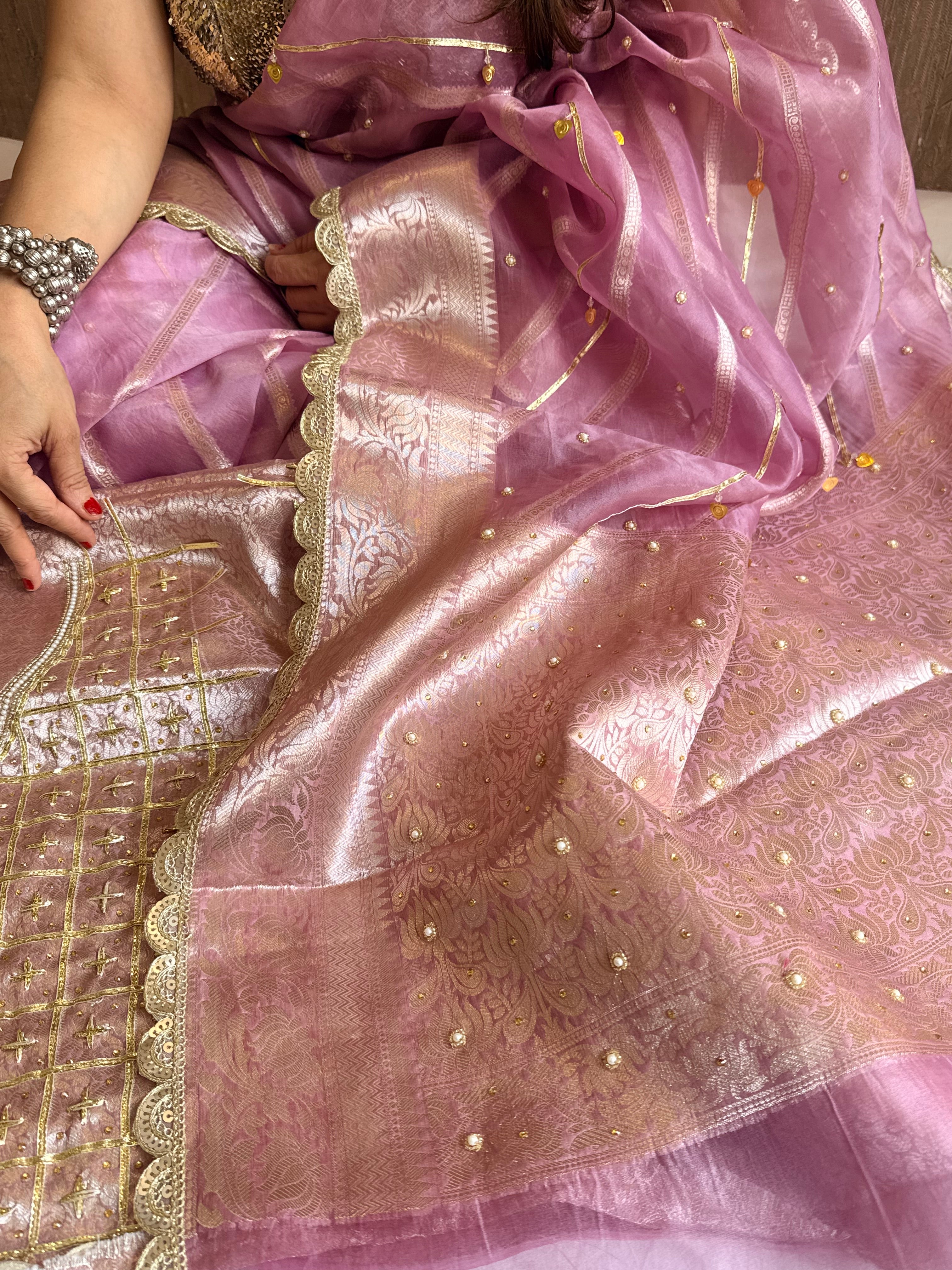 Kora silk kadhwa striped gotapatti work hand embroidered saree