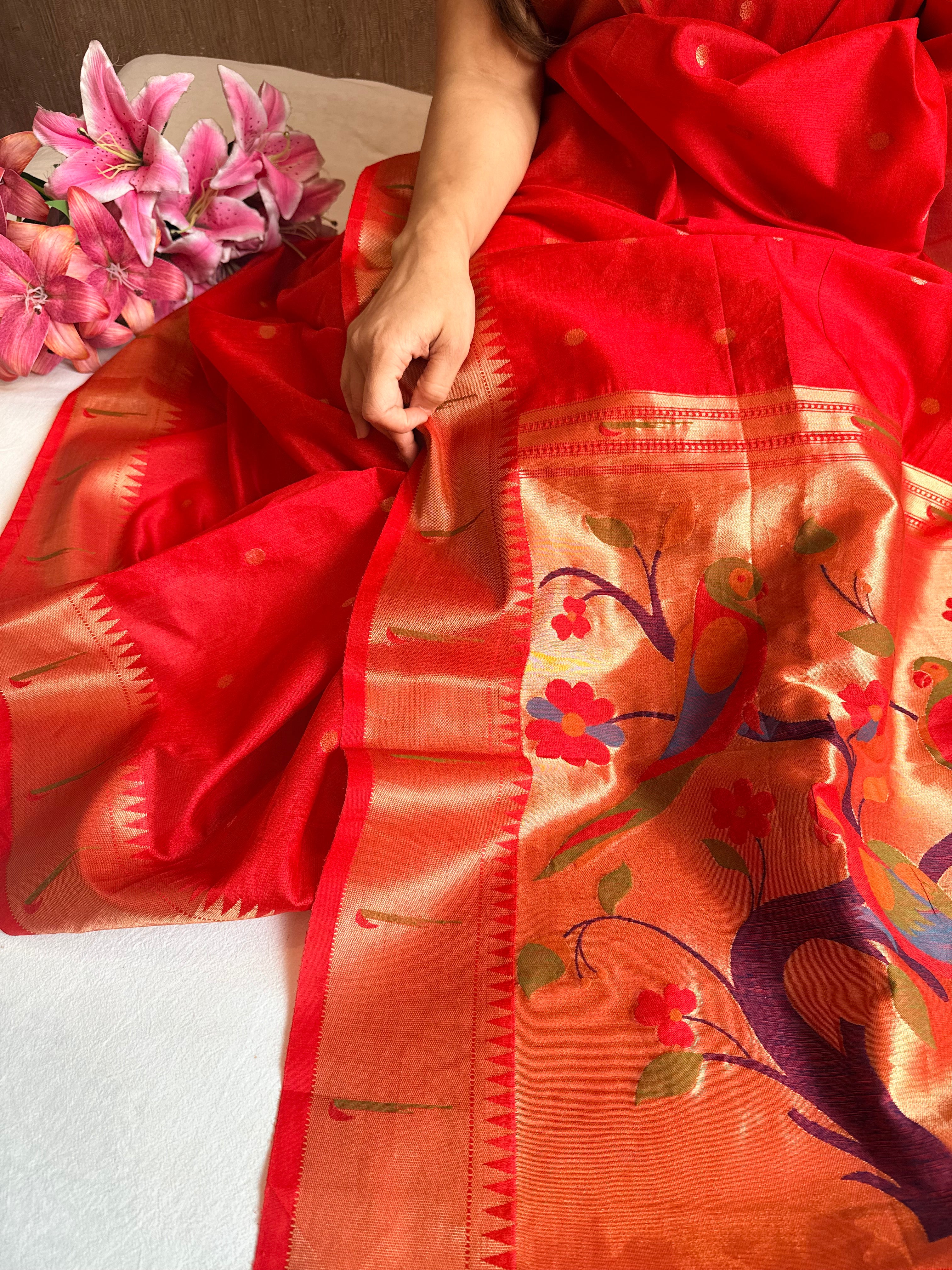 Blood red mul cotton paithani weaving kadhwa banarasi saree