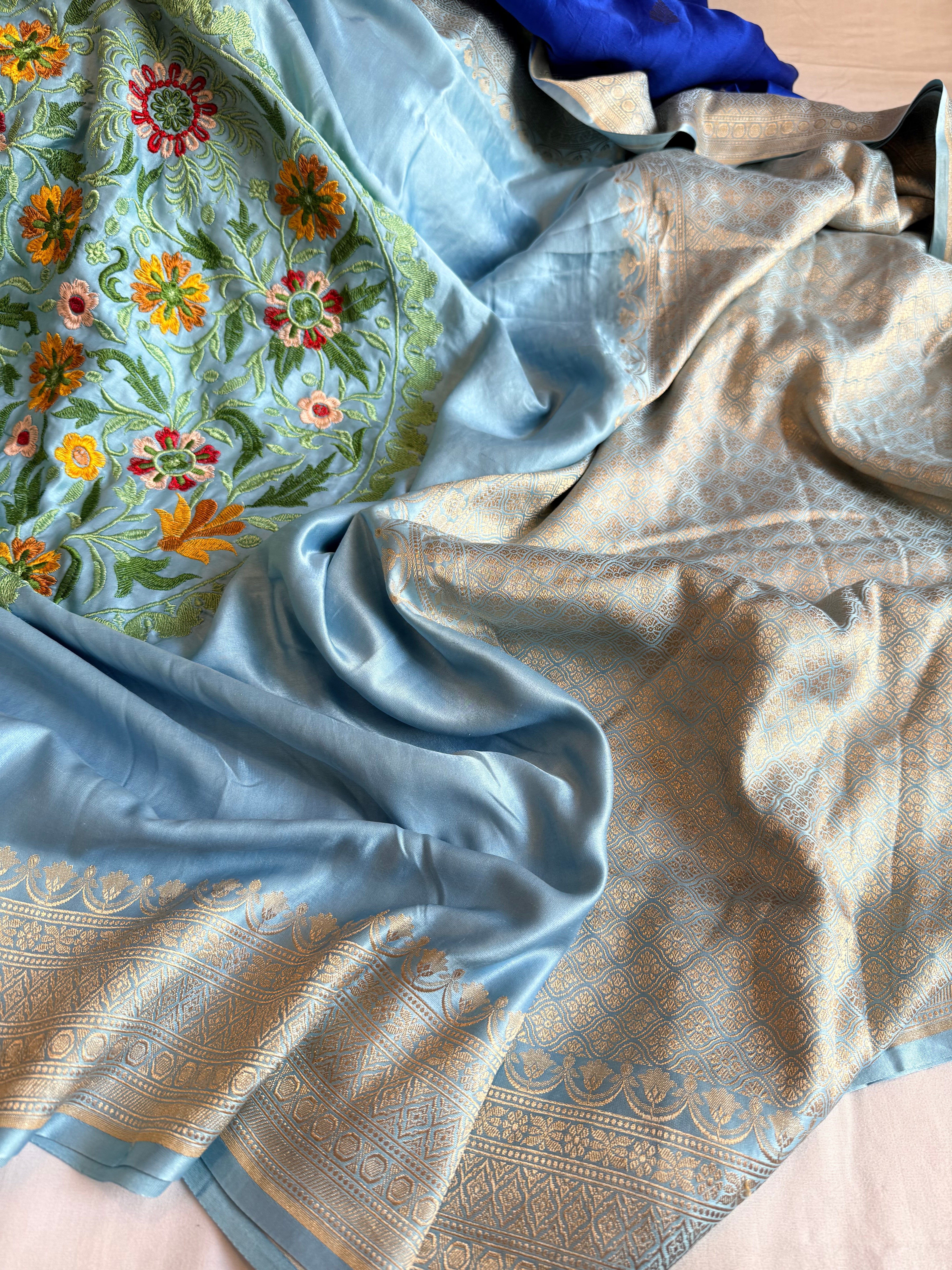 Ice blue banarasi mashru silk hand embroidered parsi gara work kadhwa saree