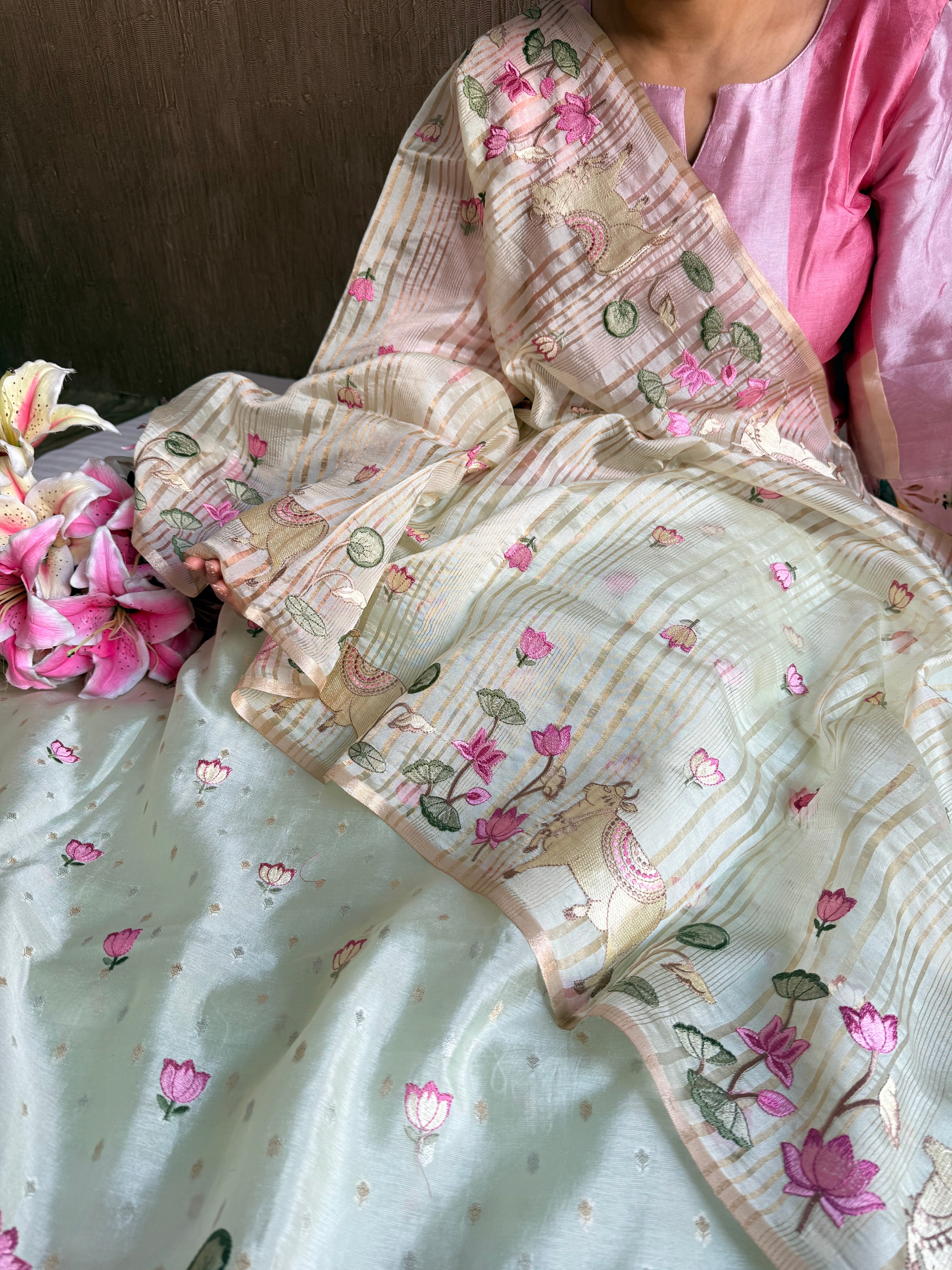 Suits under 10k - Spun chiniya silk parsi gara hand embroidered suit set