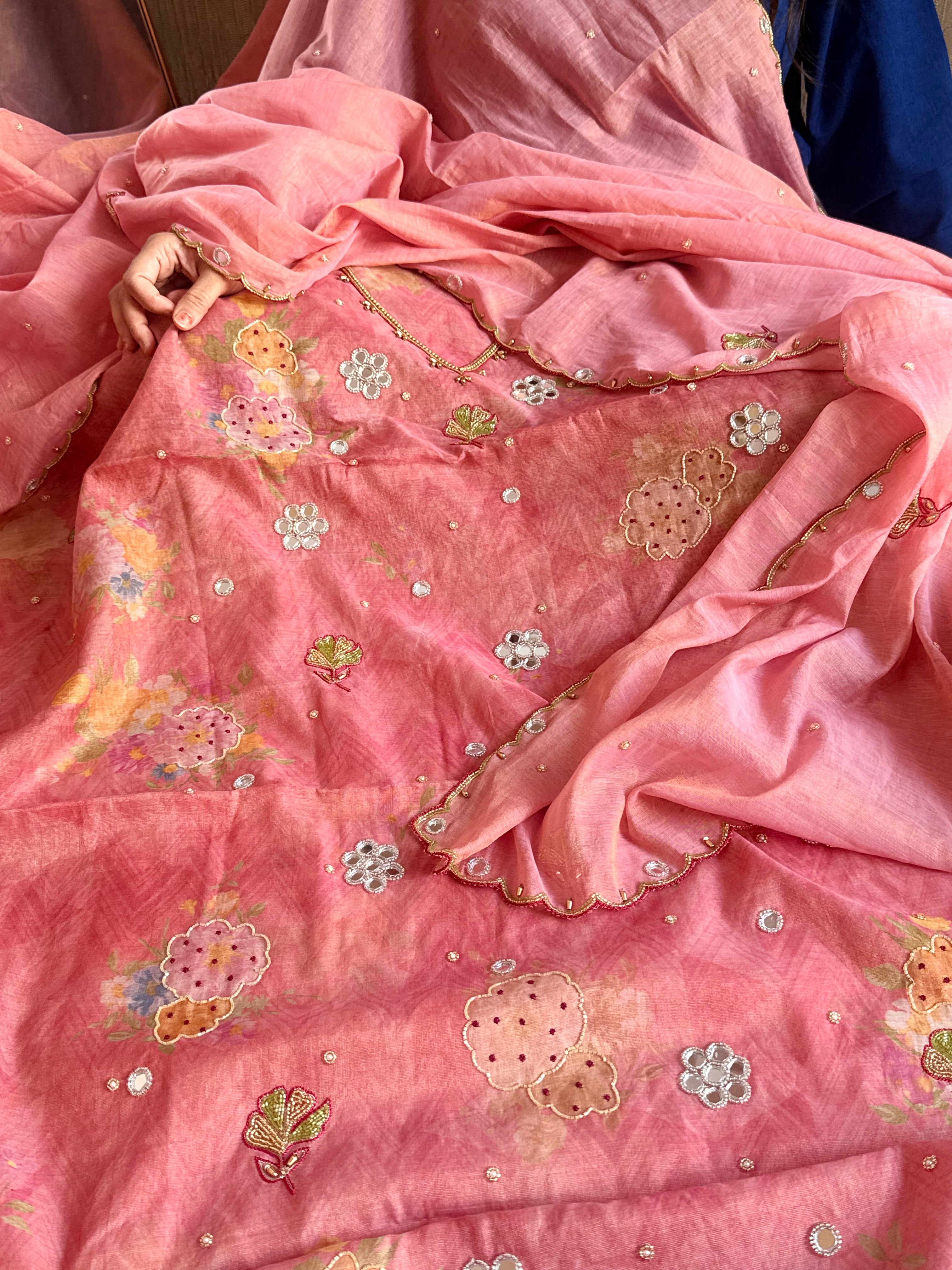 Patola weaving hand embroidered mul cotton tissue suit sets