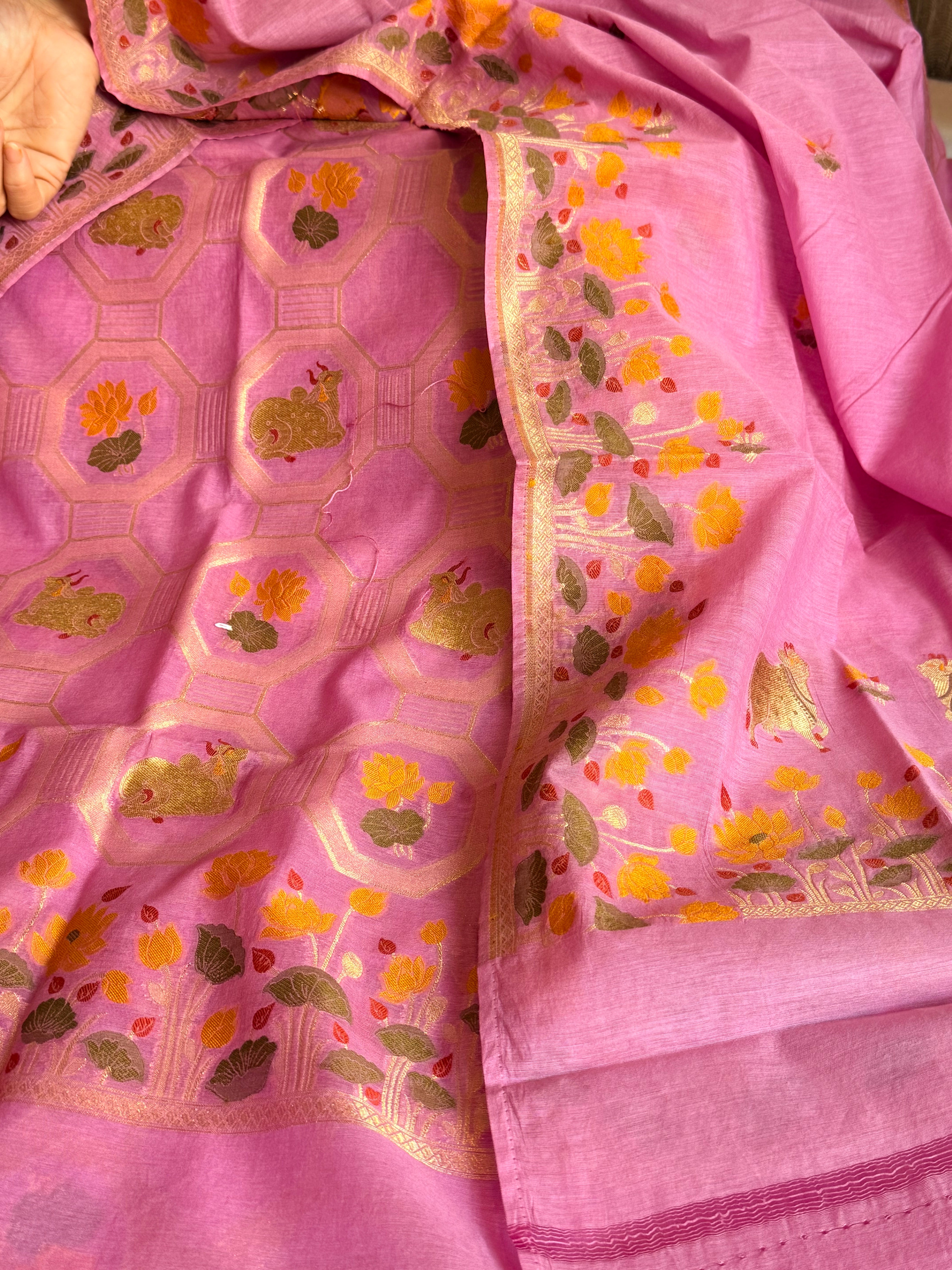 Mul cotton banarasi meenakari nandu motif suit sets