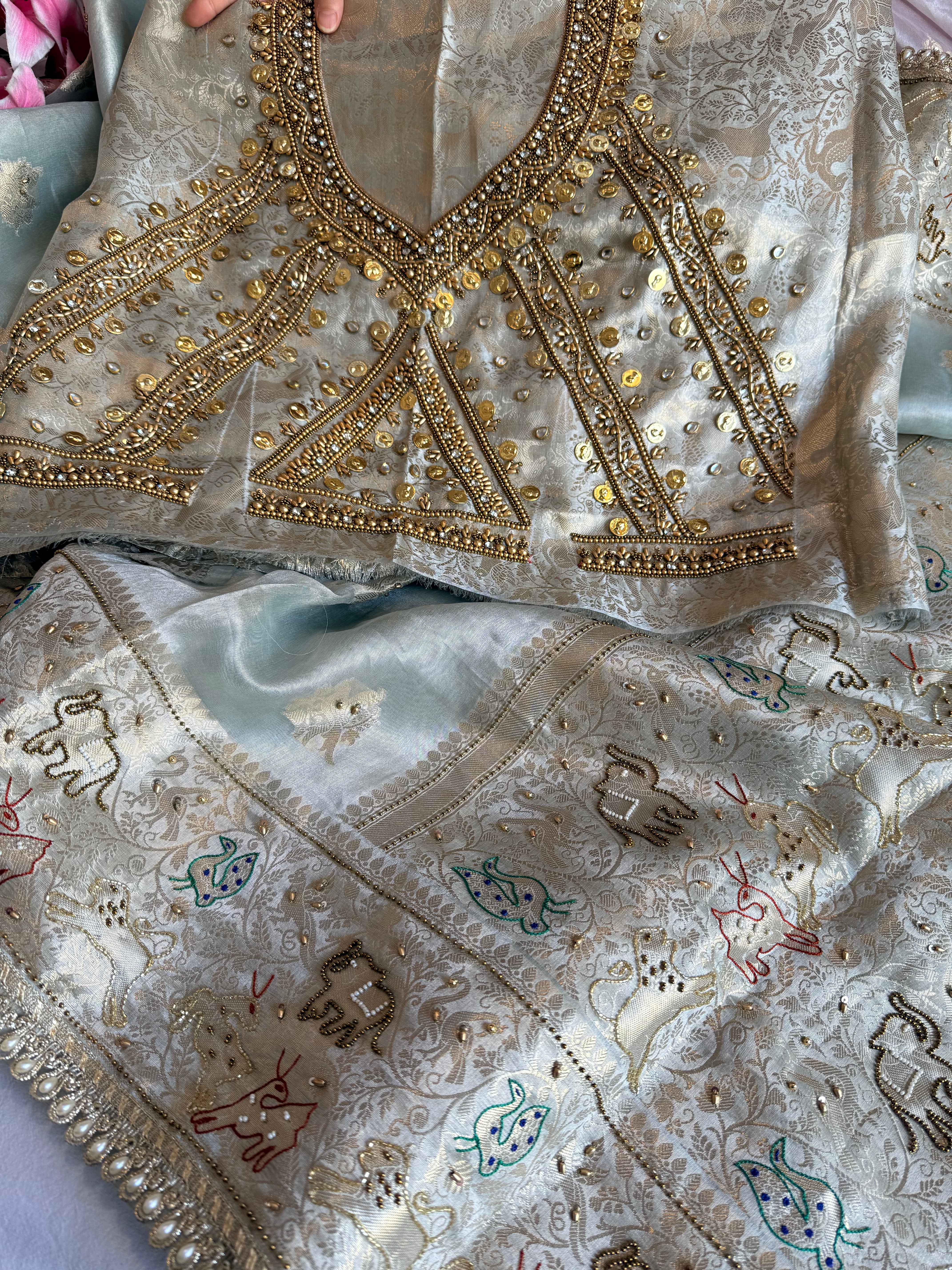 Vrindavan edit saree - Ice blue diamond tissue silk hand embroidered jadau work saree
