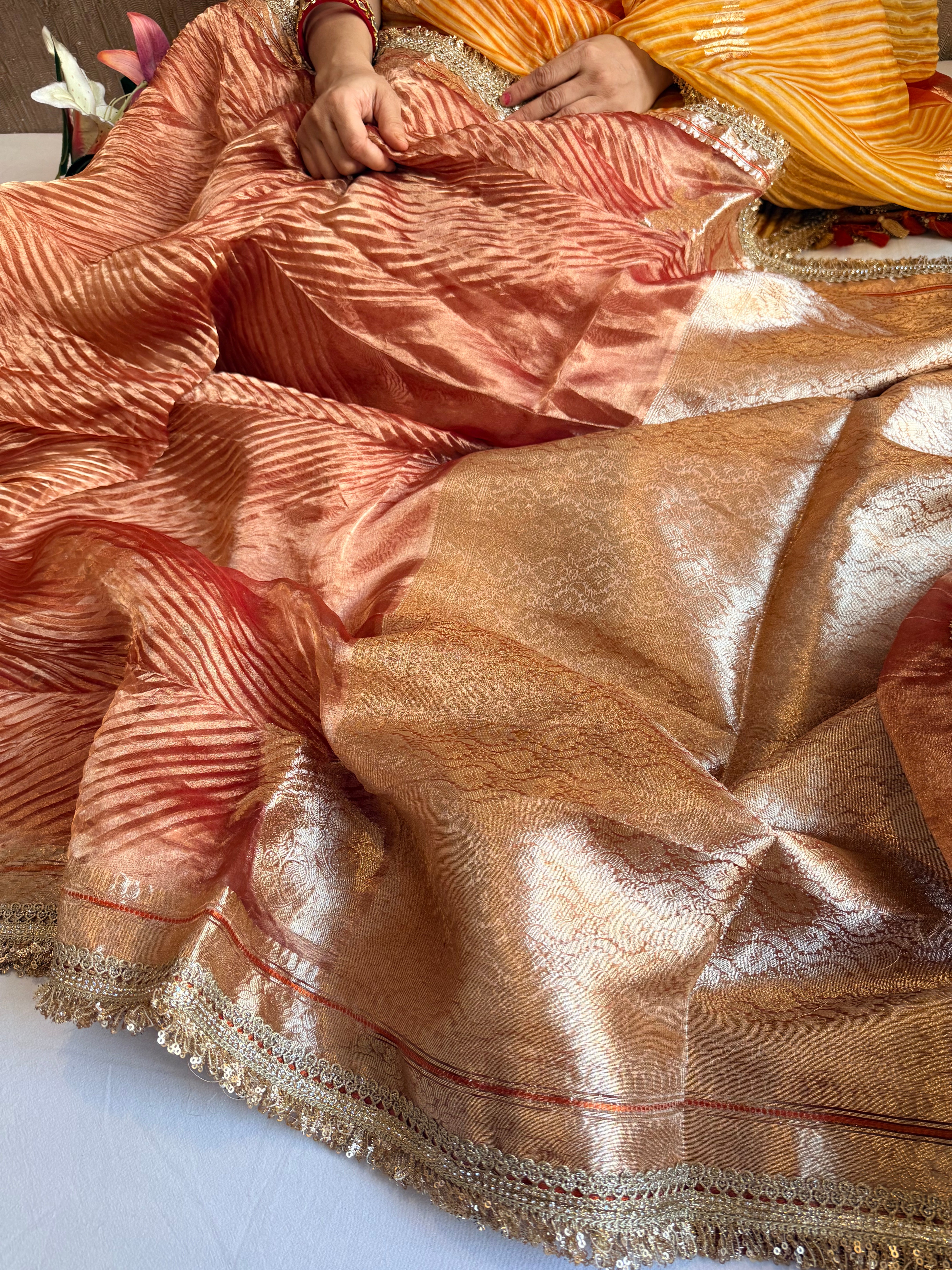 Rust red tissue silk arshi dyed mirrorwork hand embroidered kadhwa saree
