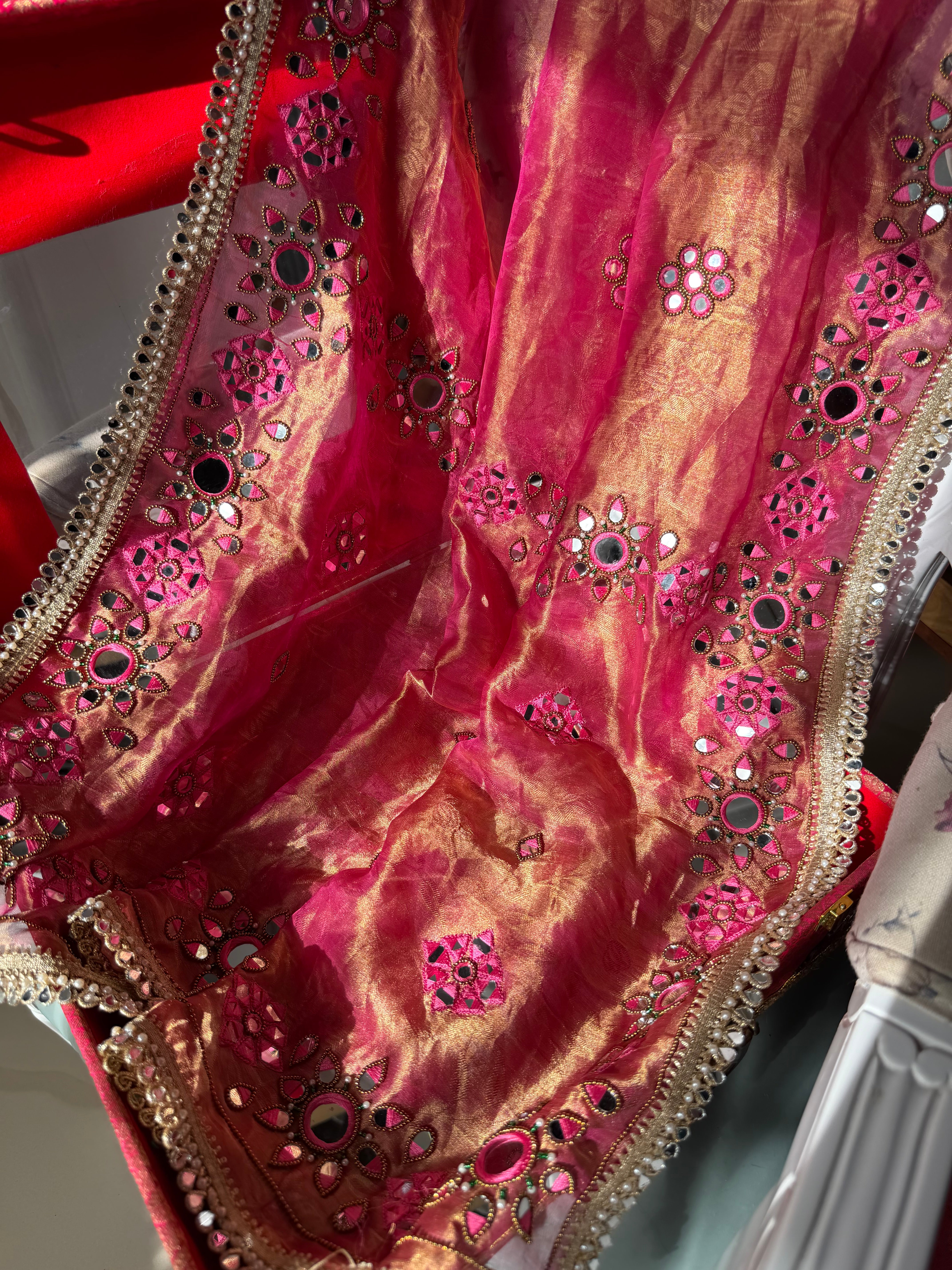Desi barbie pink tissue tanchoi mirrorwork banarasi kadhwa saree