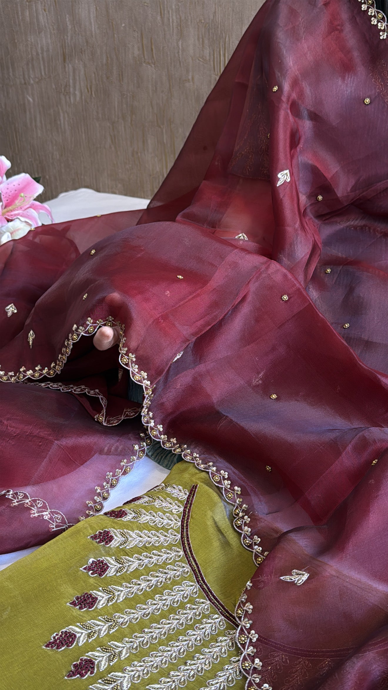 Olive green - maroonish kora silk heavy hand embroidered suit set