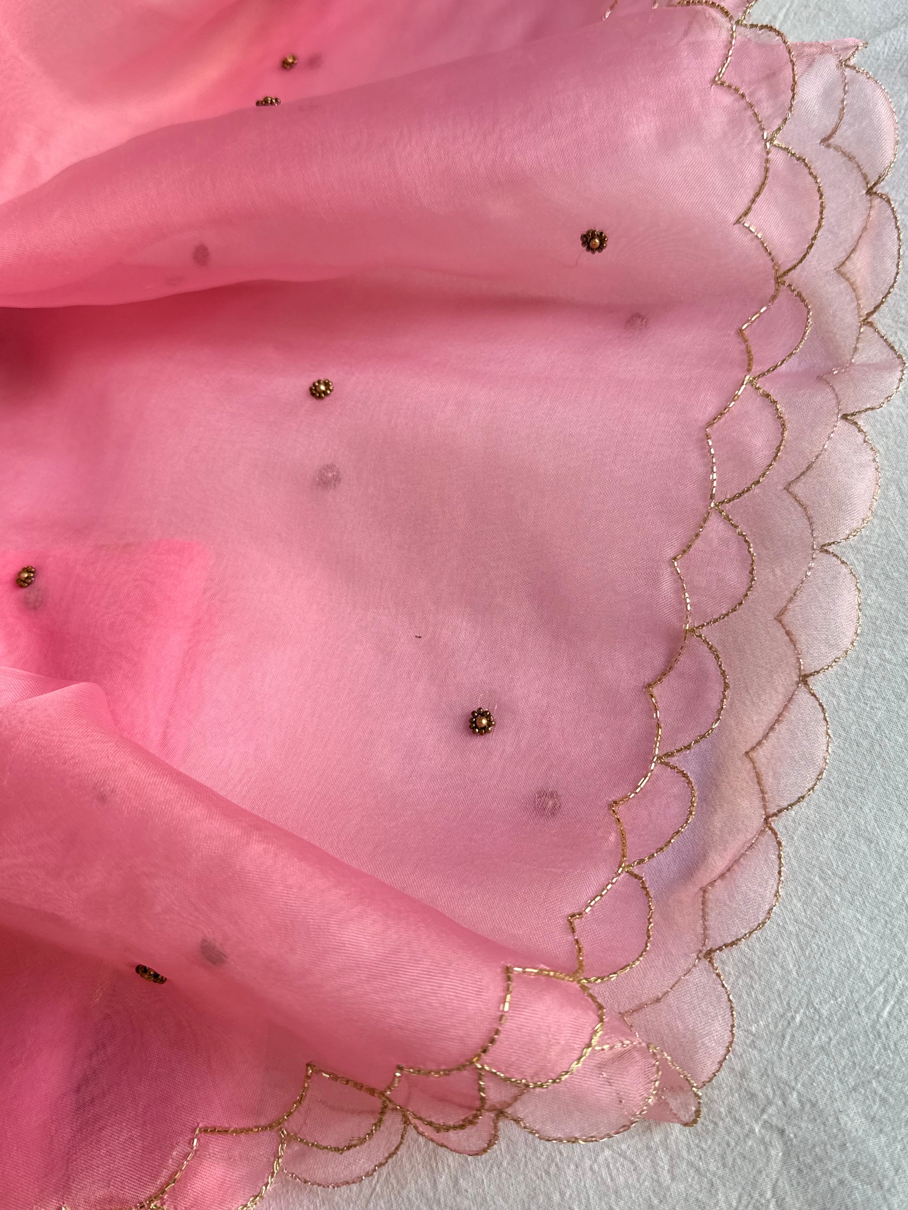 Summer suits under 8k - Mul cotton pink kurta paired with pink scalloped kora silk duppata