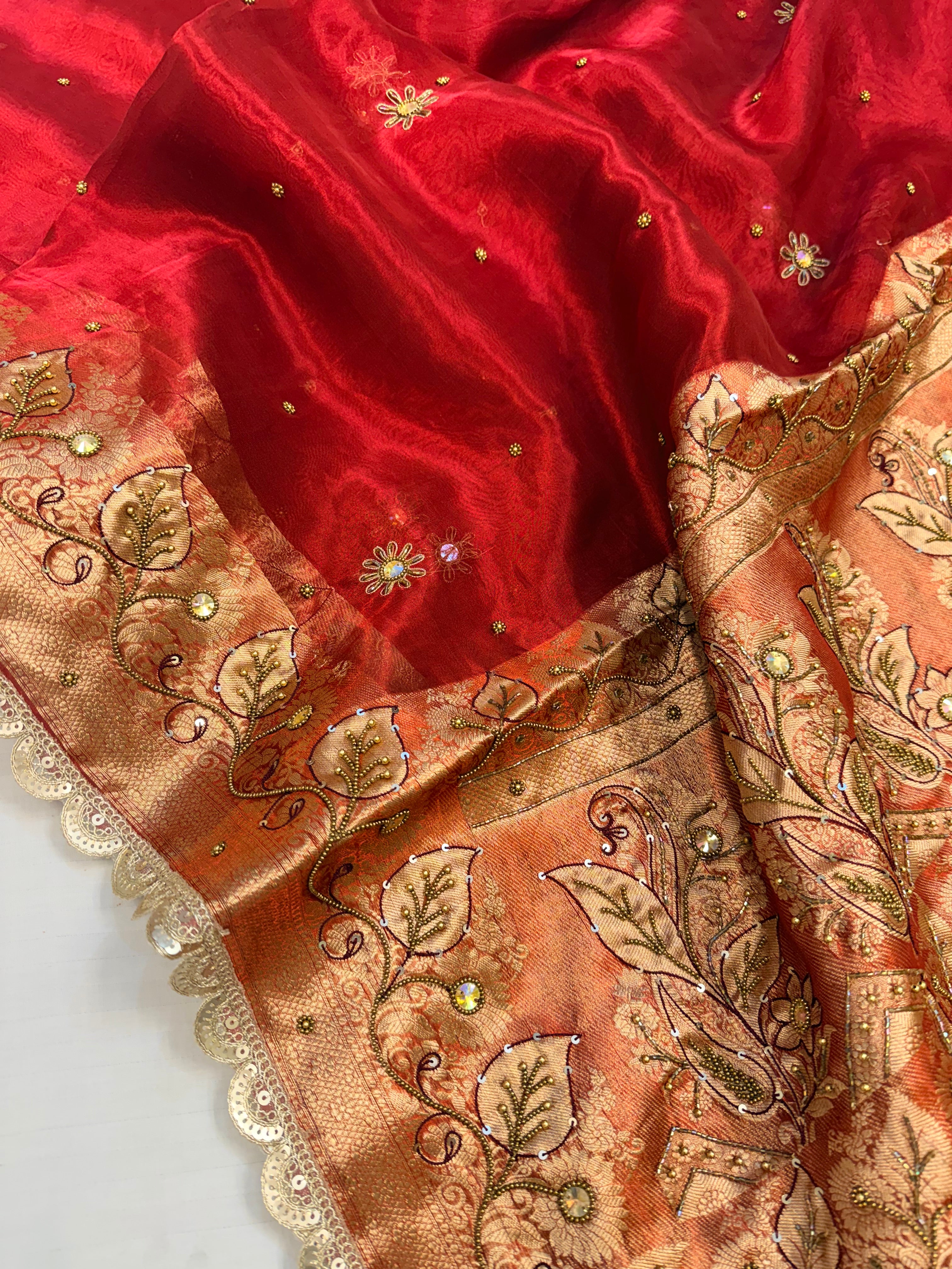 Blood red husn tissue silk hand embroidered kadhwa saree
