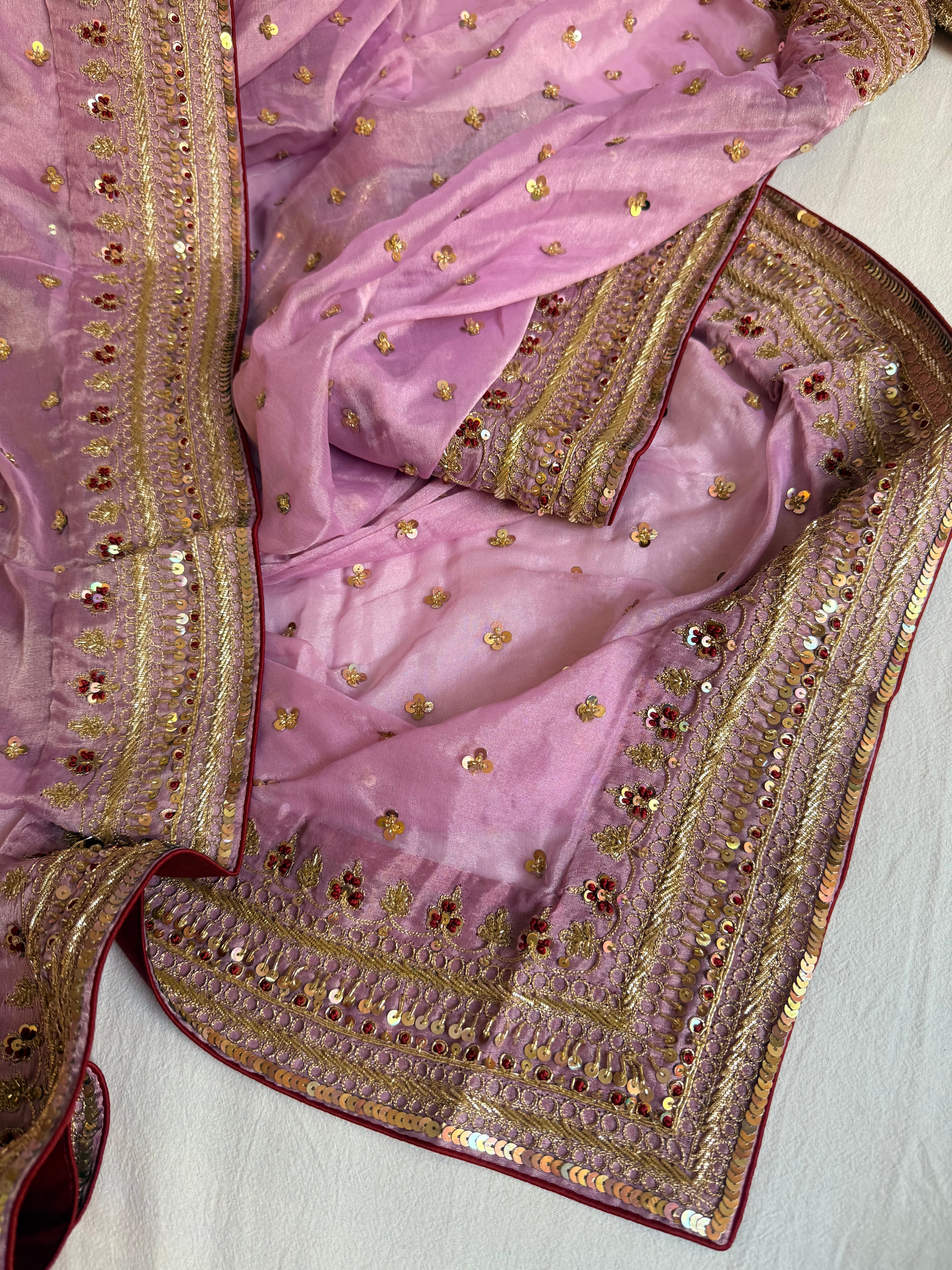 Blush pink tissue gorgette chunri buti hand embroidered kadhwa saree