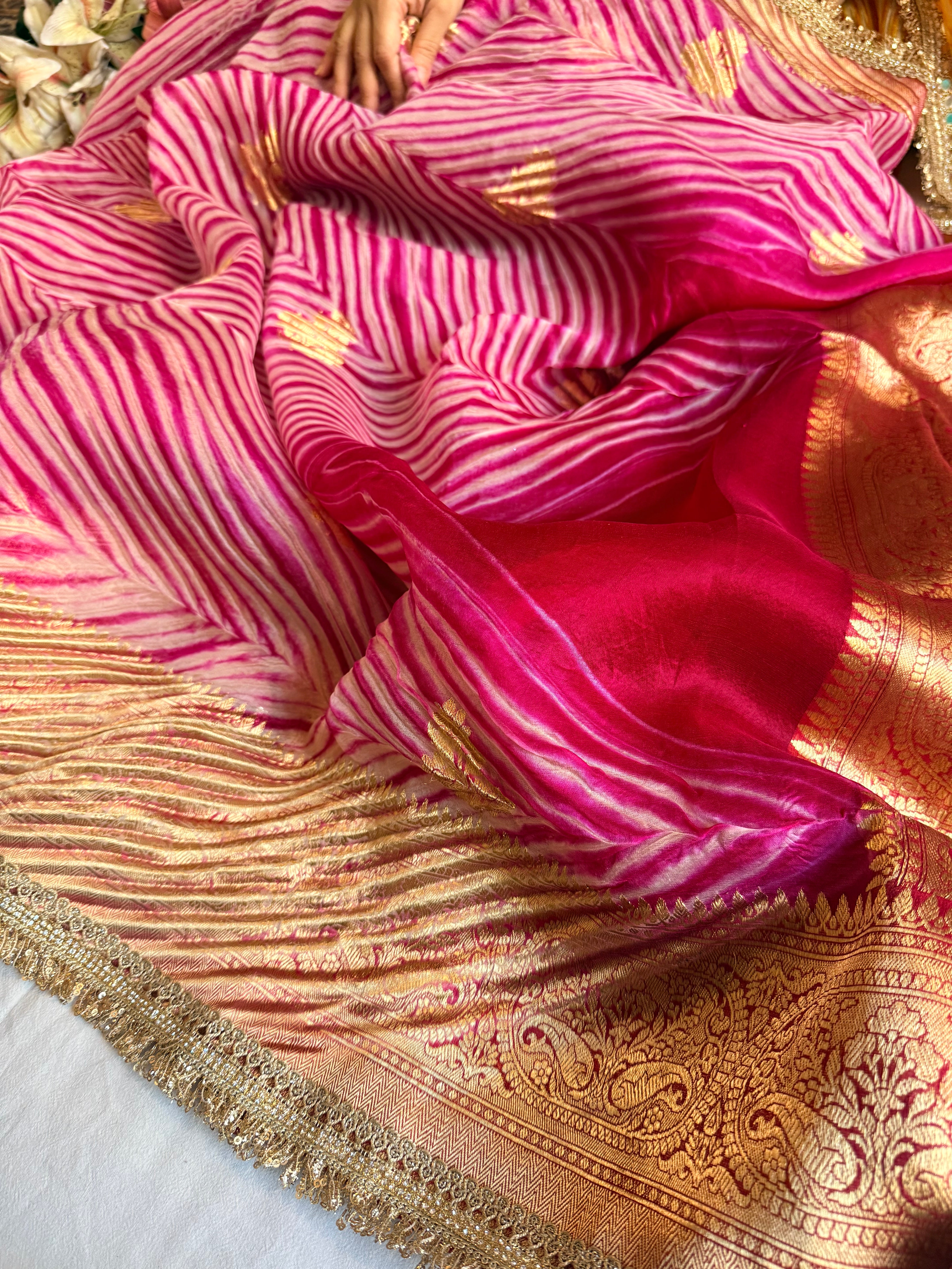 Hot pink banarasi kora silk arshi dyed kadhwa saree
