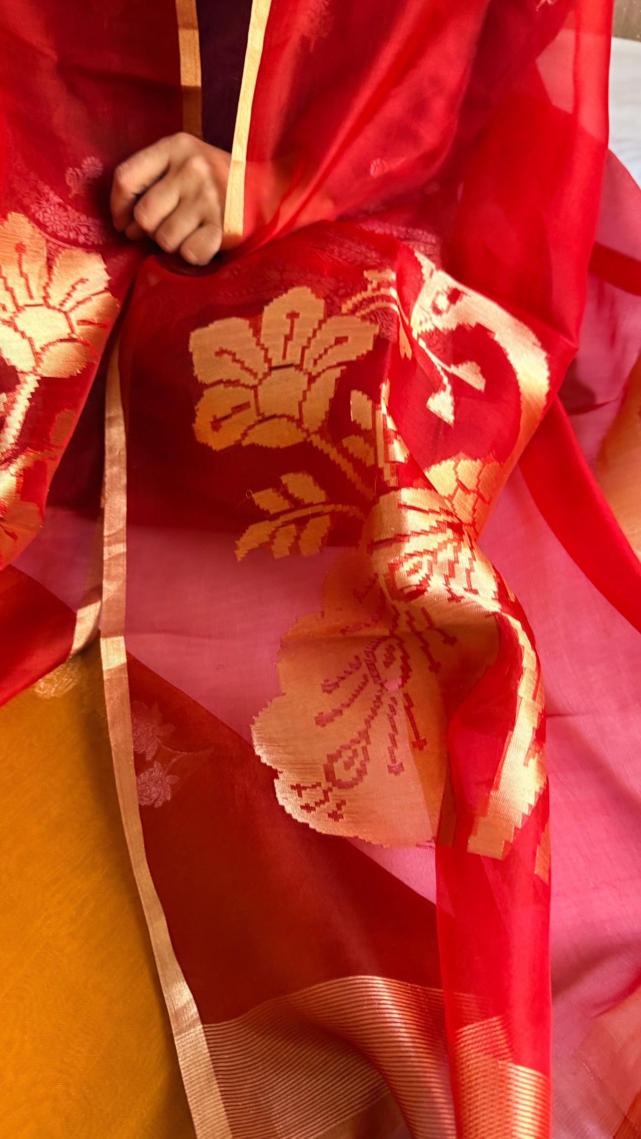 Peacock motif kora silk kadhwa mustard-red combination suit set