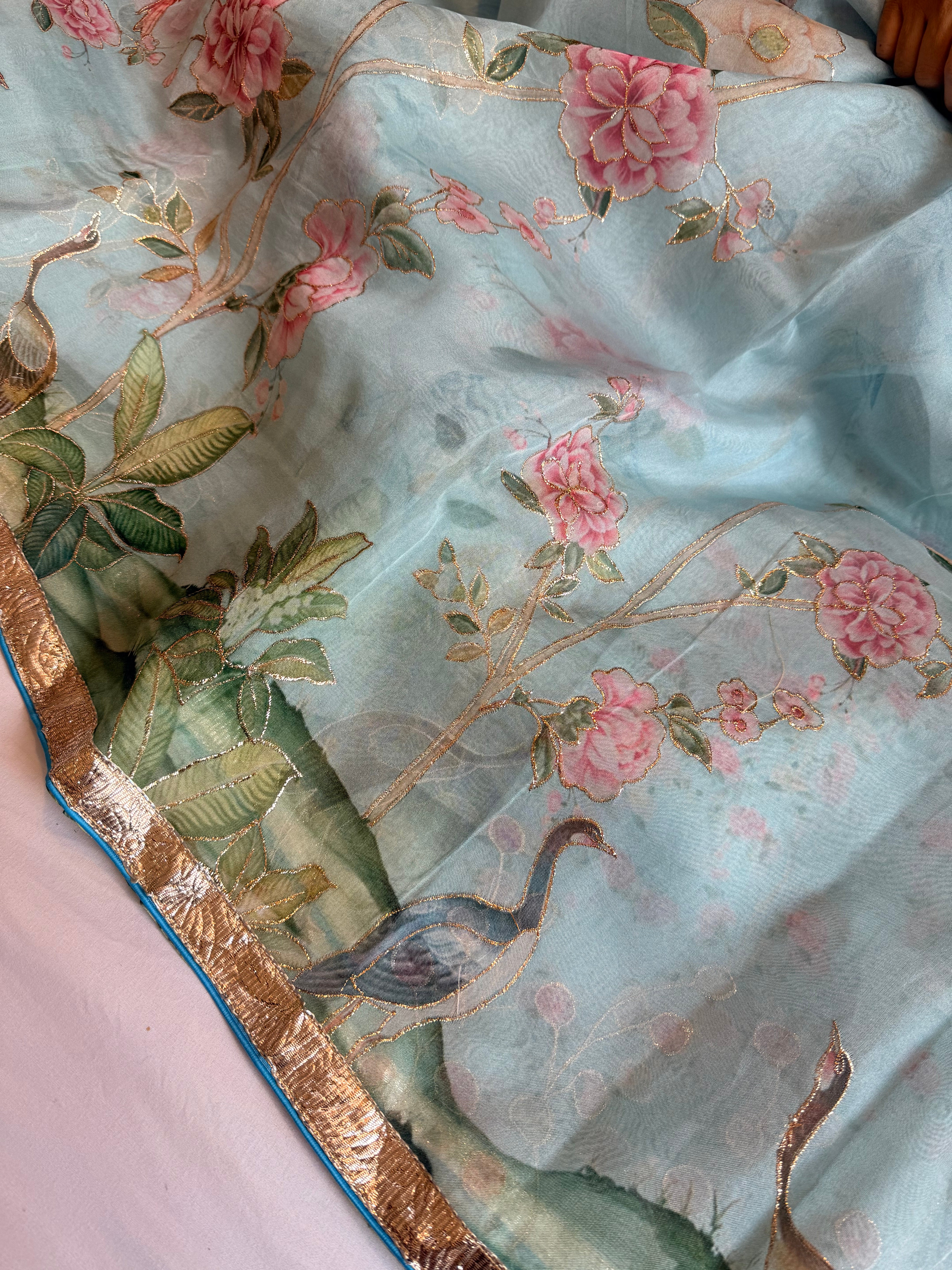 Kora silk lampi gotapatti hand embroidered saree