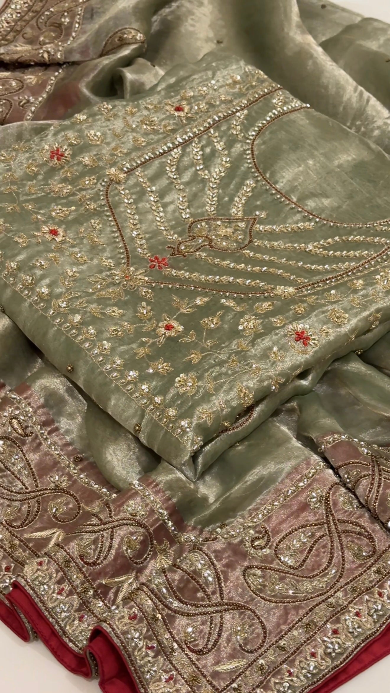 Umrao jaan inspired mint-red tissue silk hand embroidered kadhwa suit set