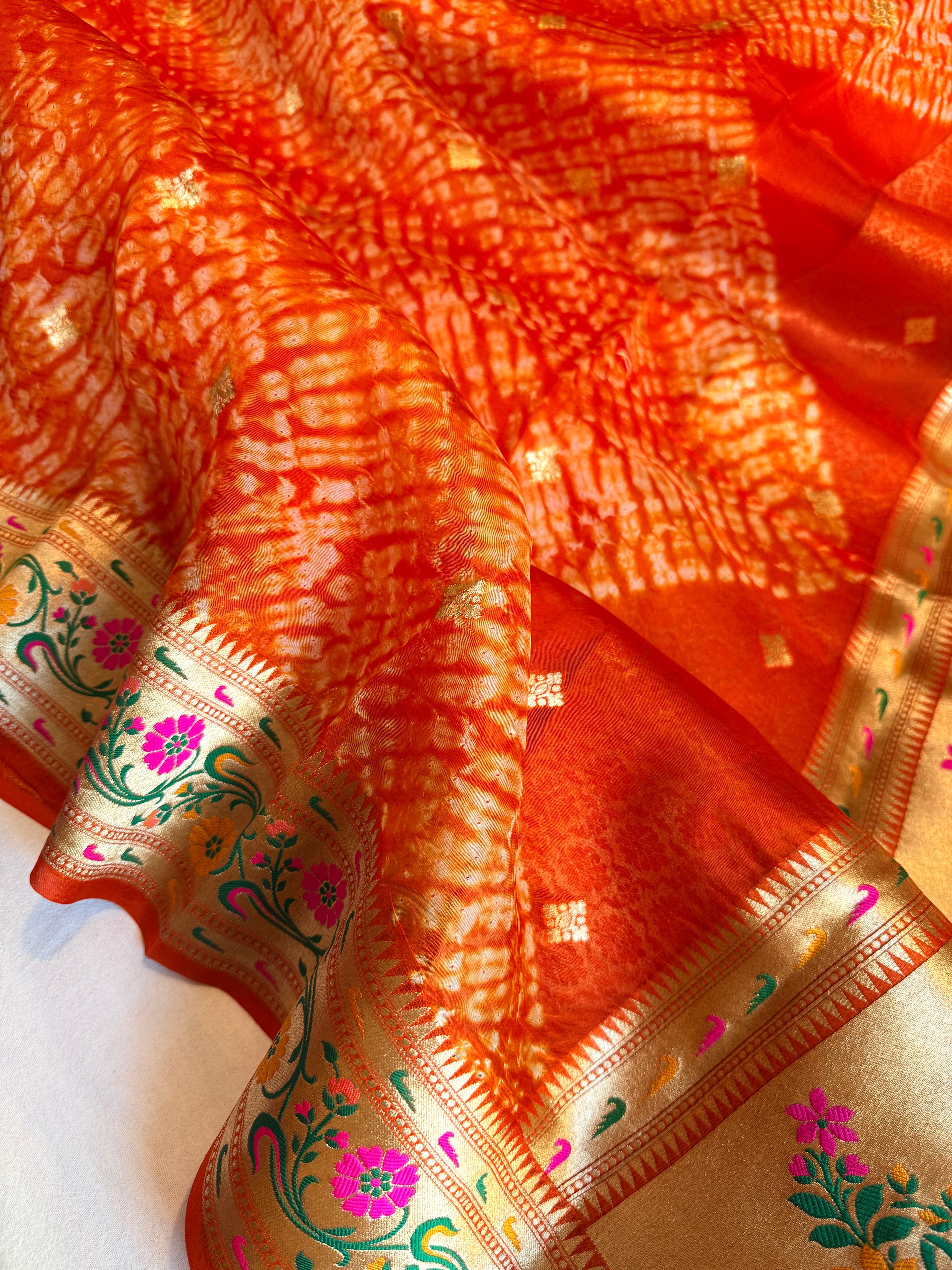 Fanta orange kora silk paithani border meenakari arshi dye saree