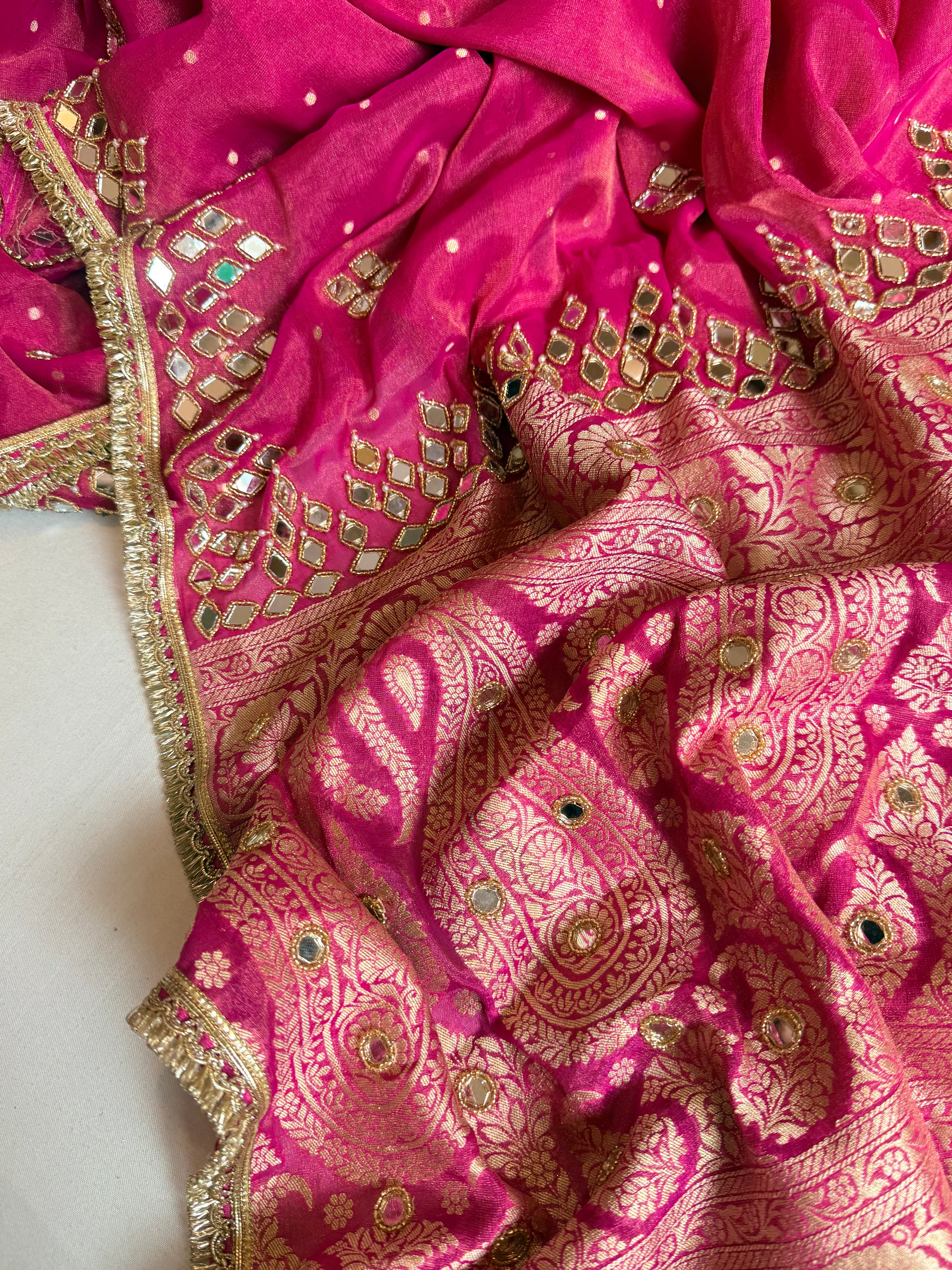 Hot pink tissue gorgette mirror work hand embroidered saree
