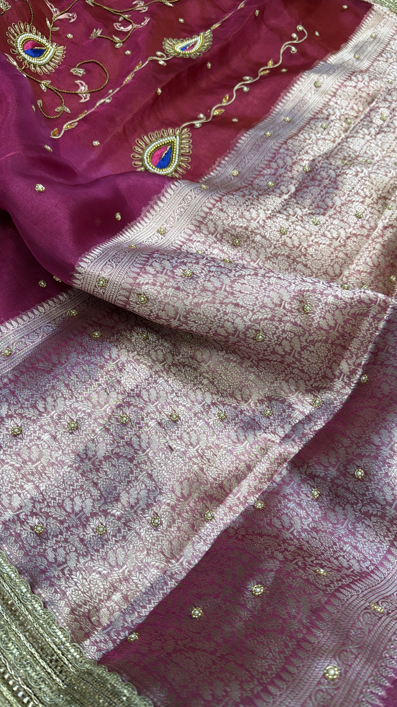 Magenta pink ombre shaded zardozi work husn tissue silk hand embroidered saree