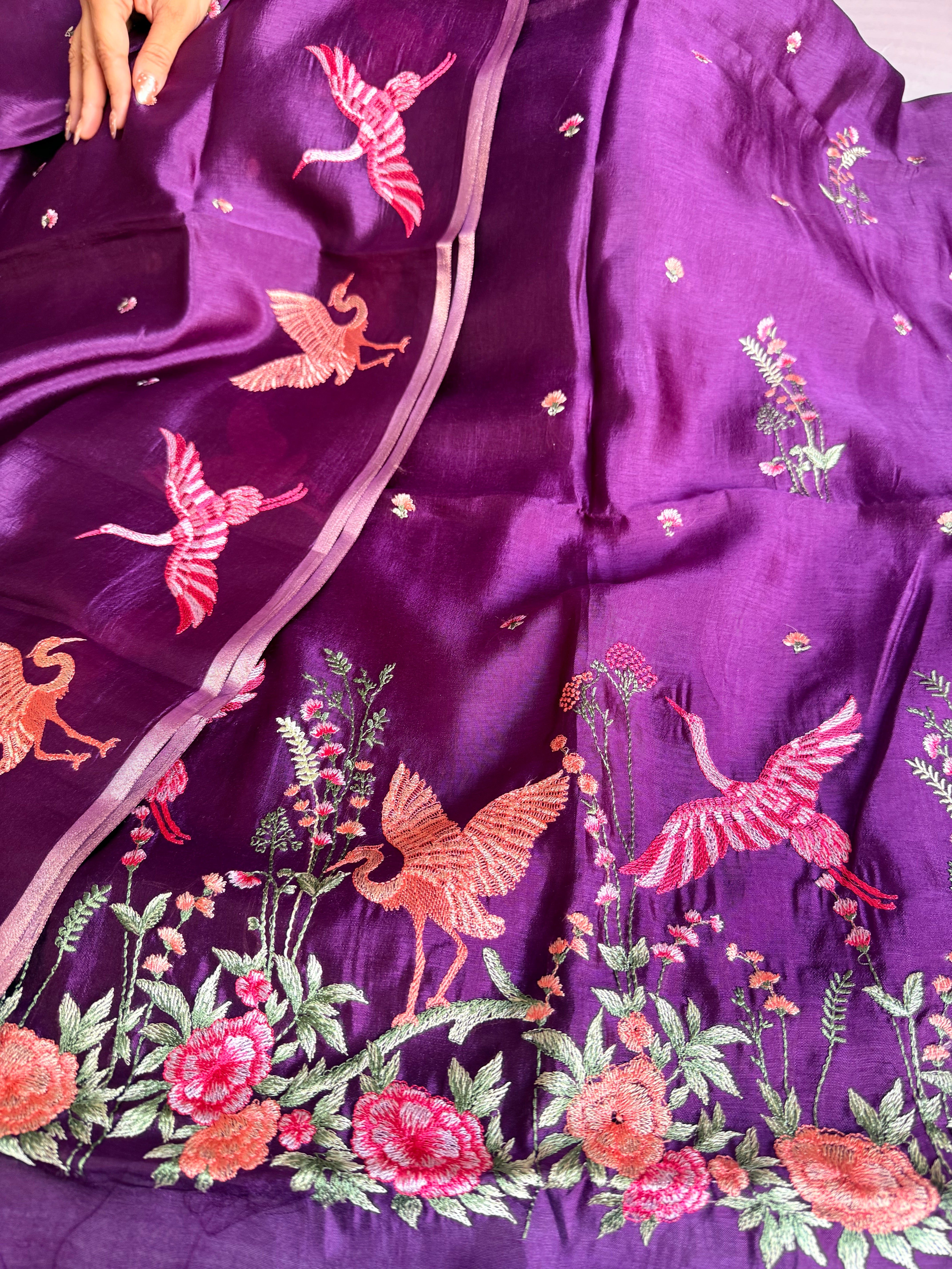Suits under 10k - Spun chiniya silk parsi gara hand embroidered suit set