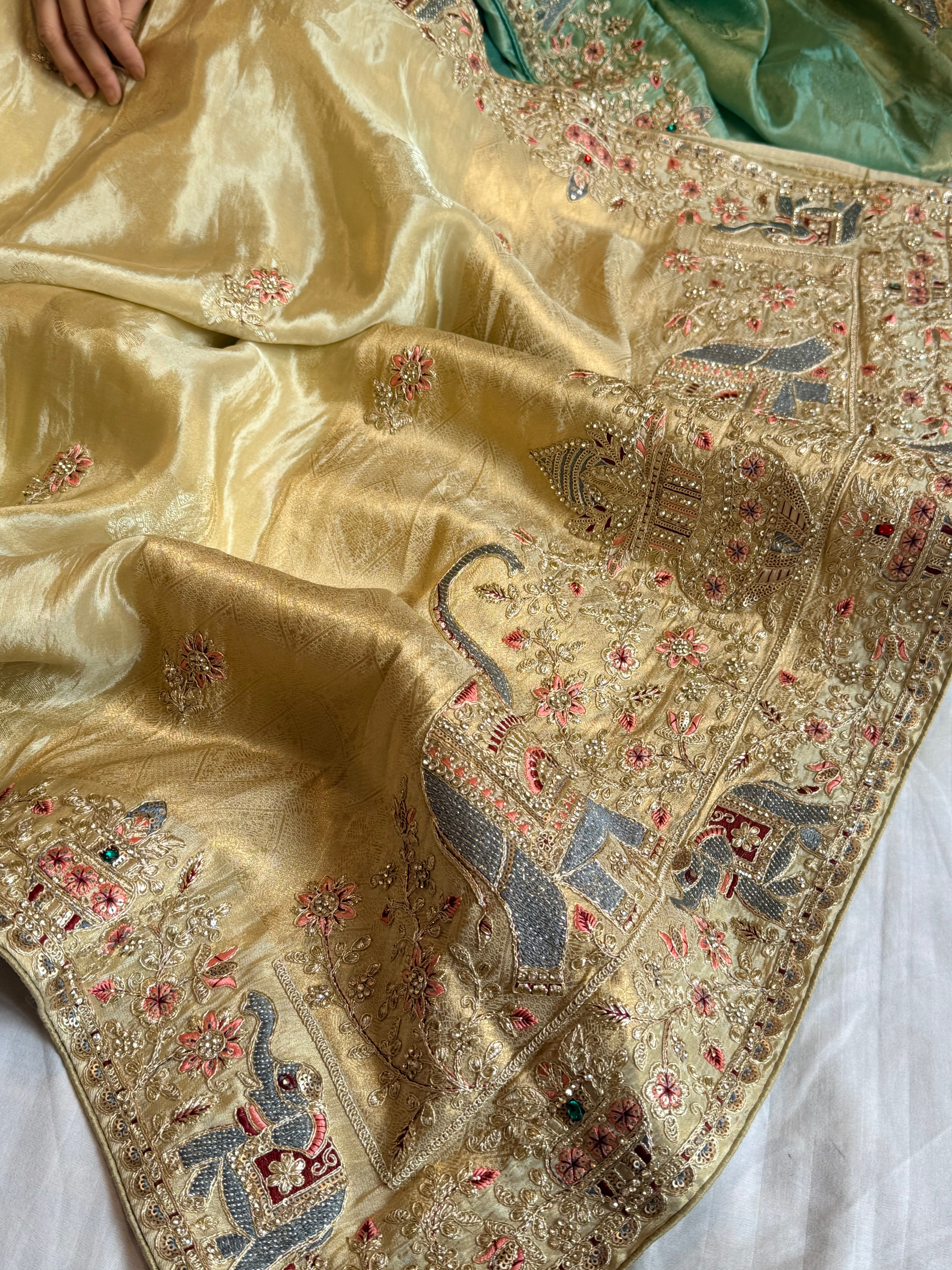 Champagne gold hathi wali crepe tissue embroidered saree