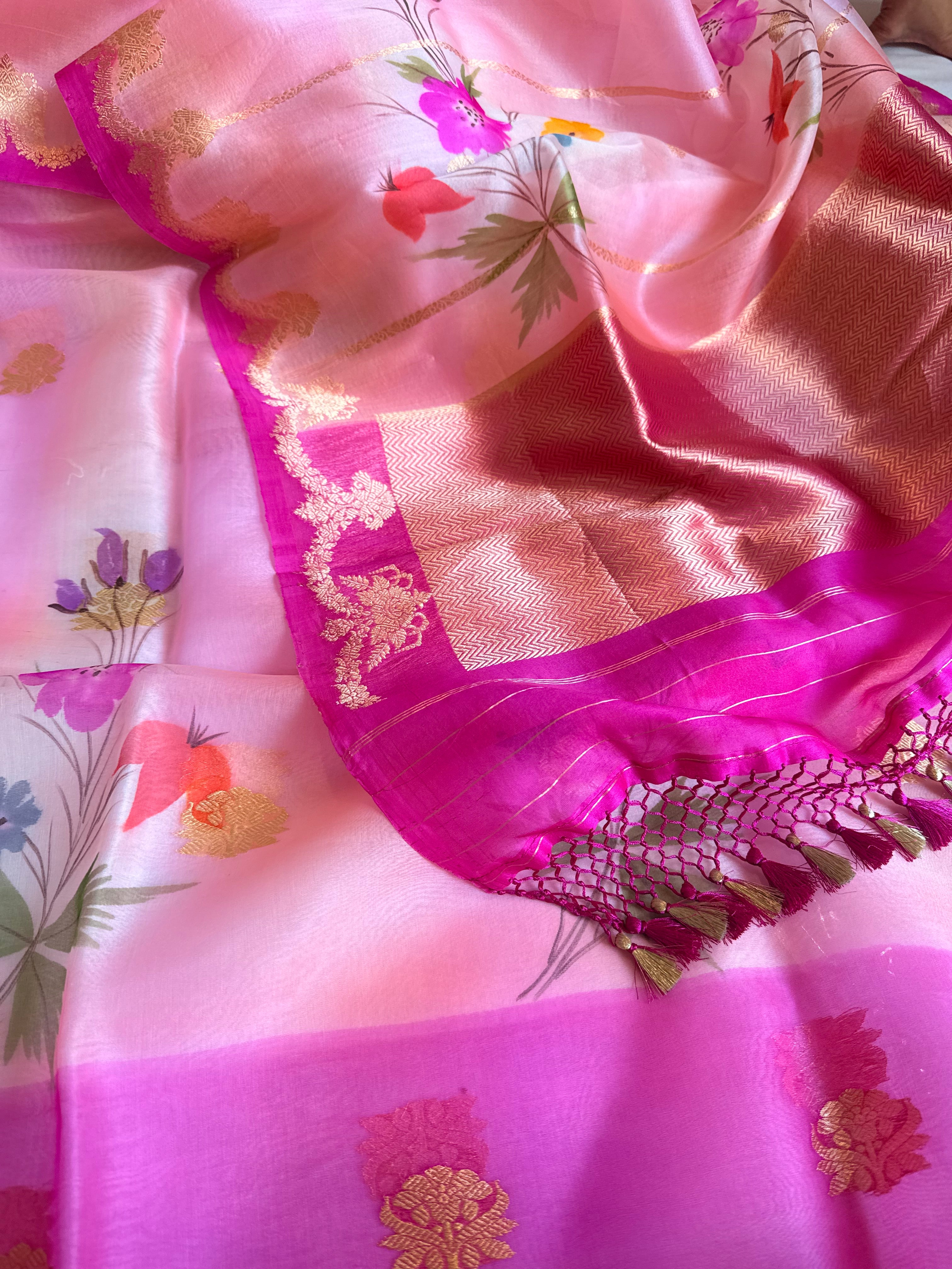 Rainbow dyed kora silk handpainted brush dyed banarasi suit sets