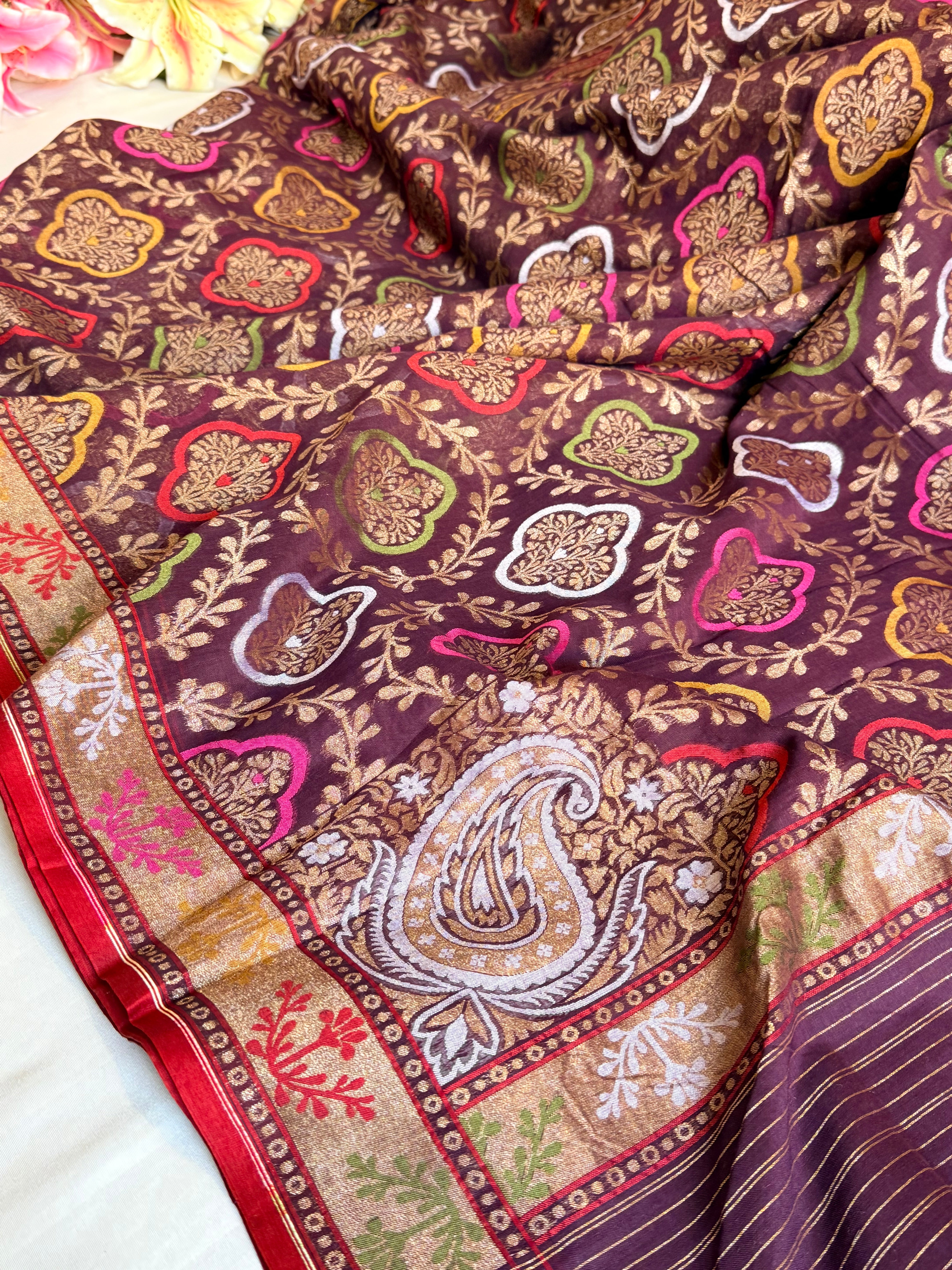 Iktara cotton jamdani wine meenakari kadhwa saree