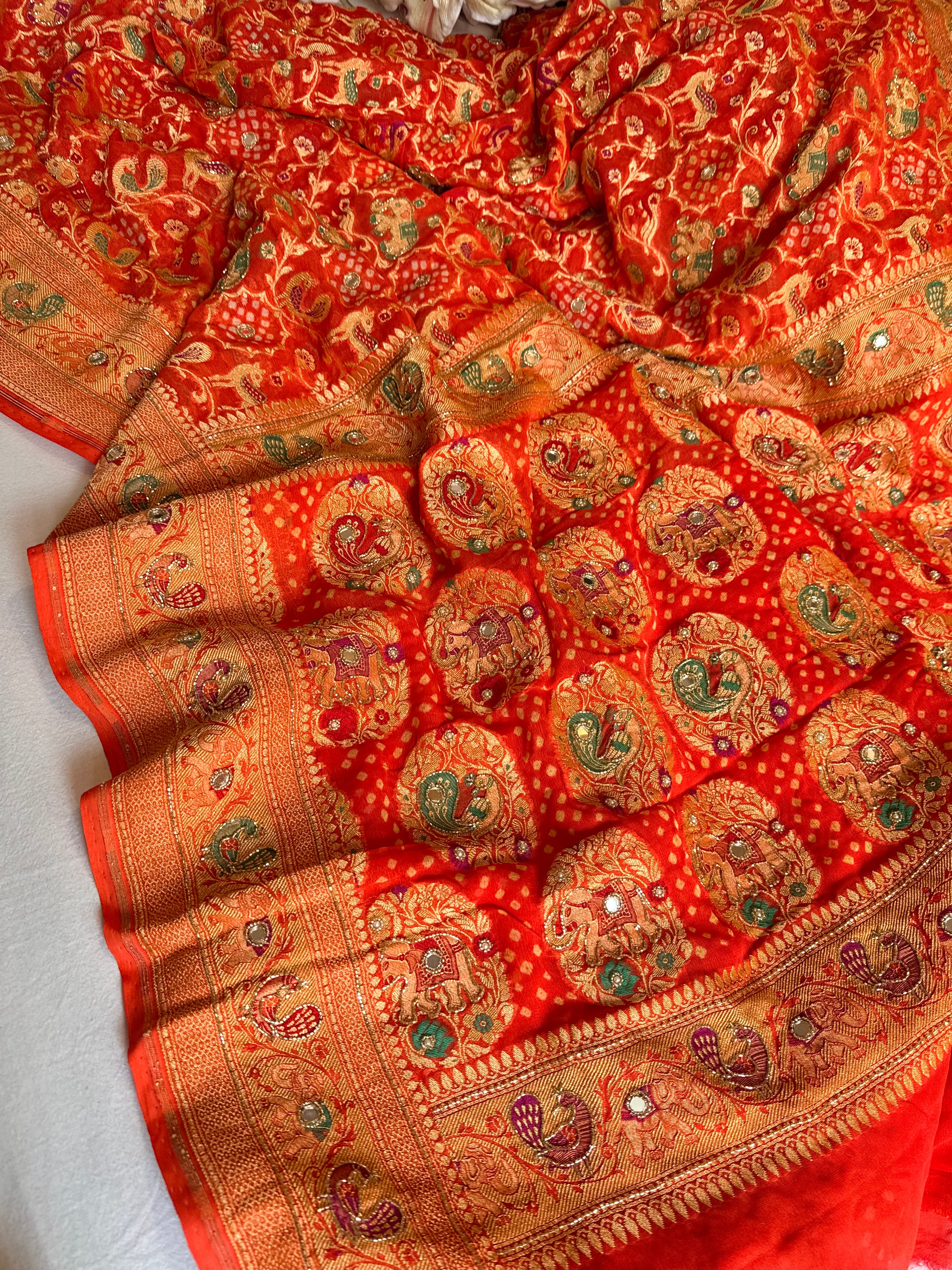 Banarasi chiffon gorgette rai bandhej kadhwa weaving hand embroidered saree