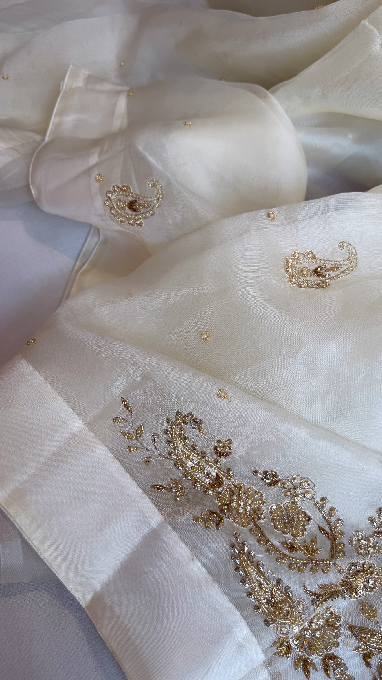 Champagne ivory organza silk satin border hand embroidered kadhwa saree
