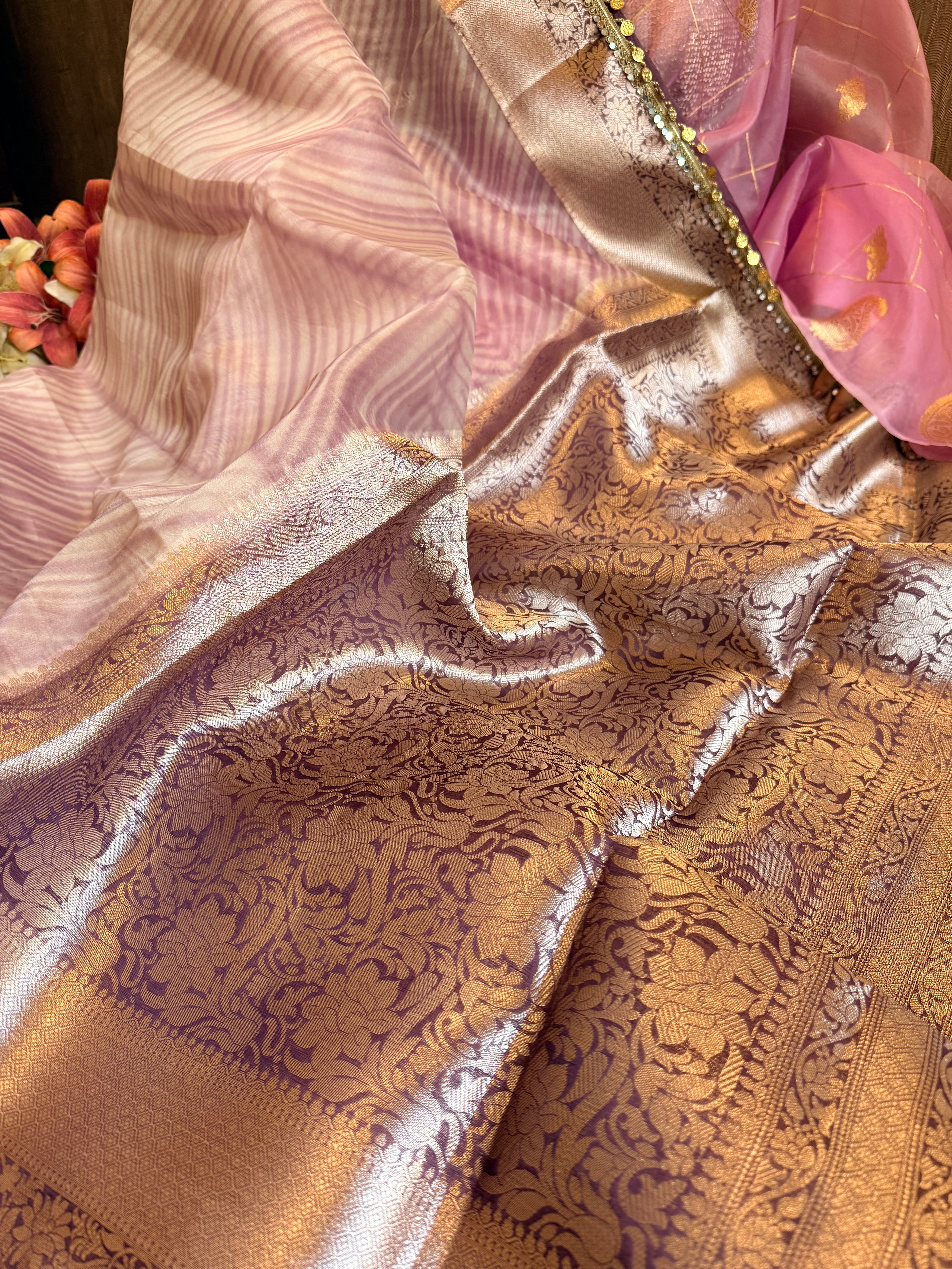 Rainbow dyed kora silk kadhwa border handloom saree