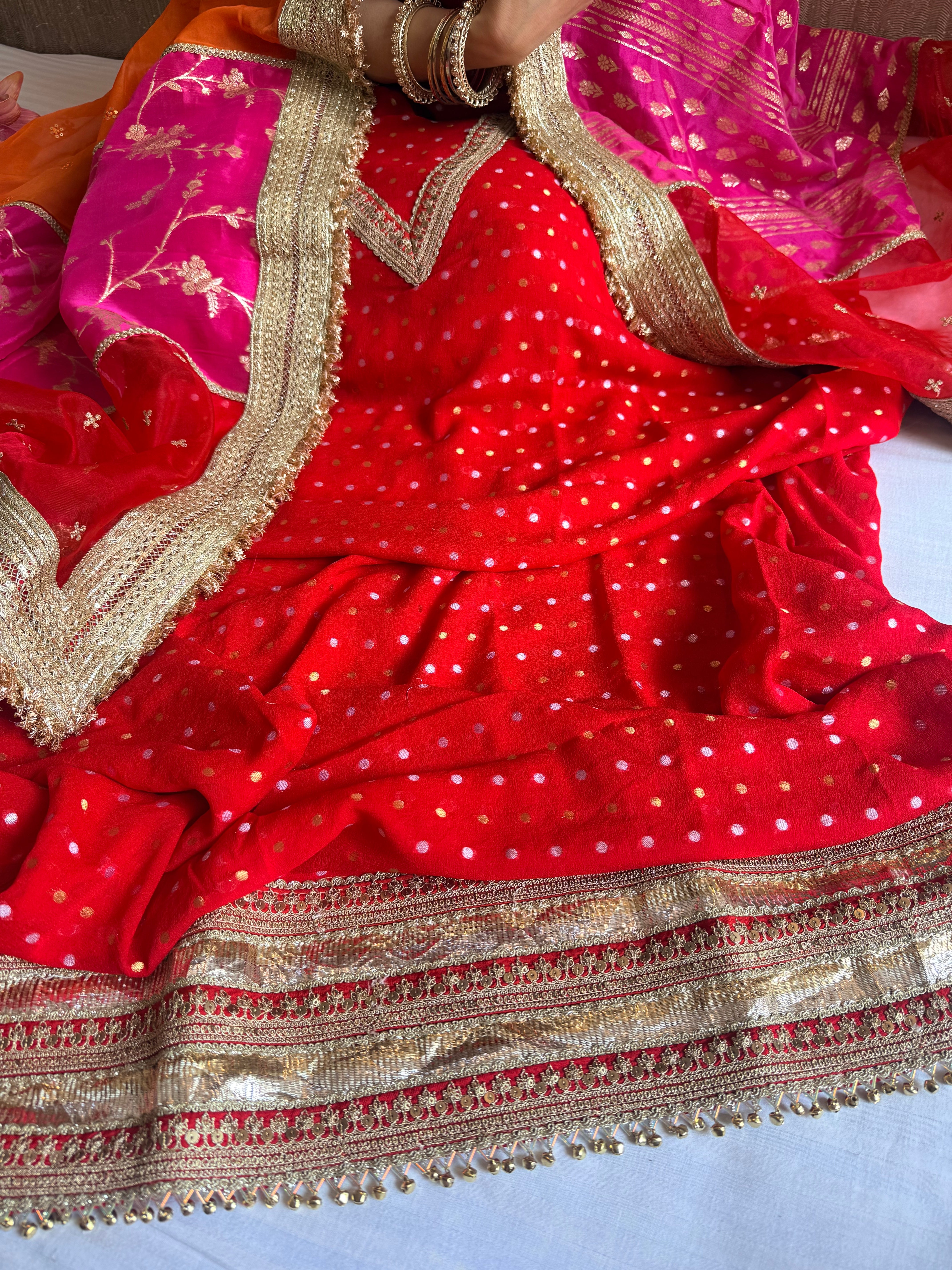 Teej & Karwachauth edit blood red chiffon gorgette hand embroidered multicolour duppata set