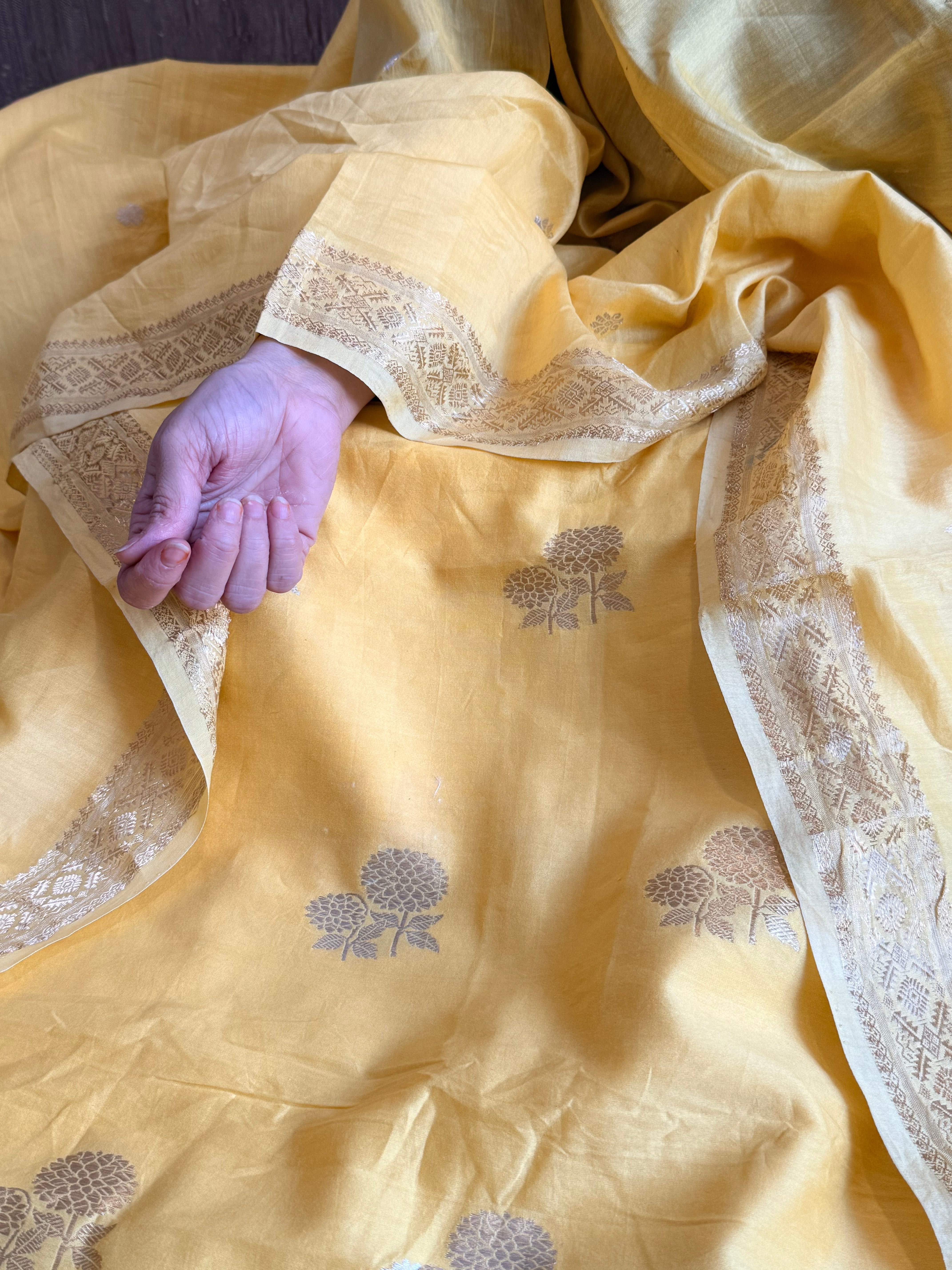 Mul cotton banarasi kadhwa buti butter yellow suit set