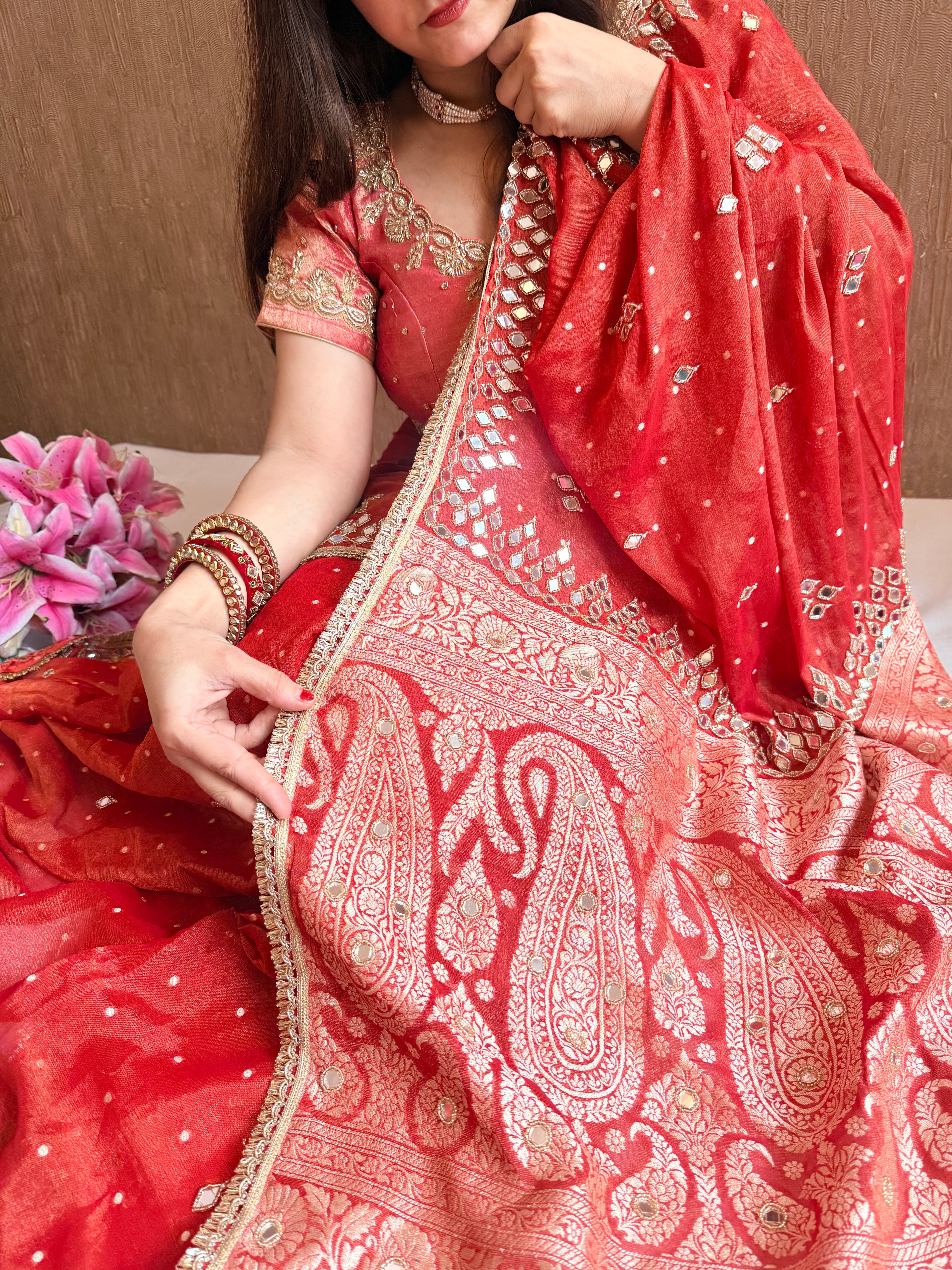 Rust red tissue gorgette mirror work hand embroidered saree